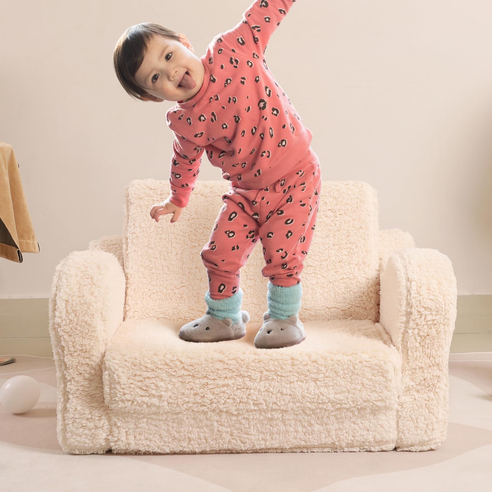 2-in-1 Convertible Toddler Chair - Soft Sherpa Kids Sofa & Lounger for Boys & Girls (Cream) | Perfect for Playroom, Nursery & Reading Nook