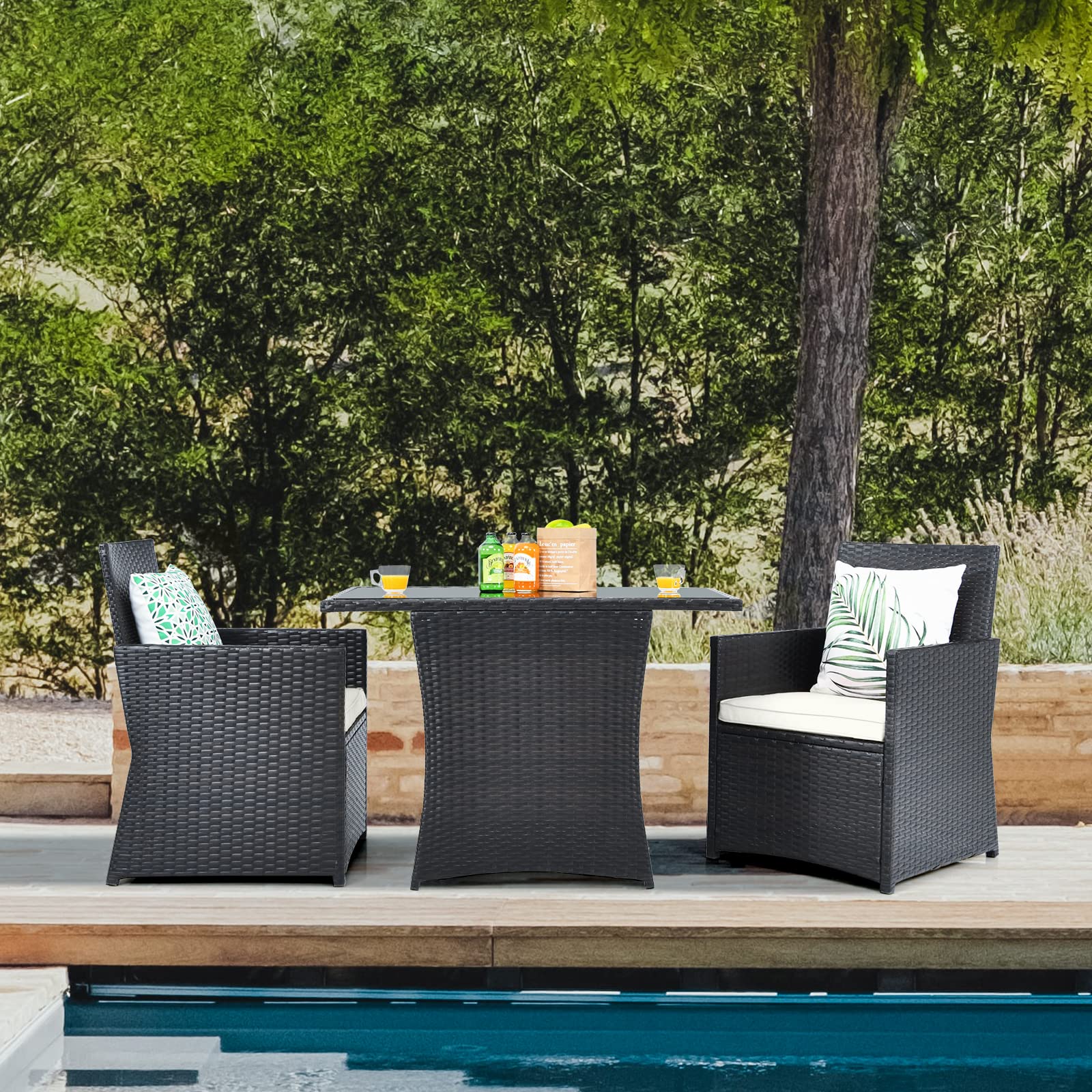 HappyGrill 3-Piece Outdoor PE Rattan Bistro Set with Cushioned Chairs - Patio Dining Table & Conversation Set for Backyard, Porch, Garden & Poolside - Perfect for Al Fresco Dining, Relaxing & Outdoor Entertaining