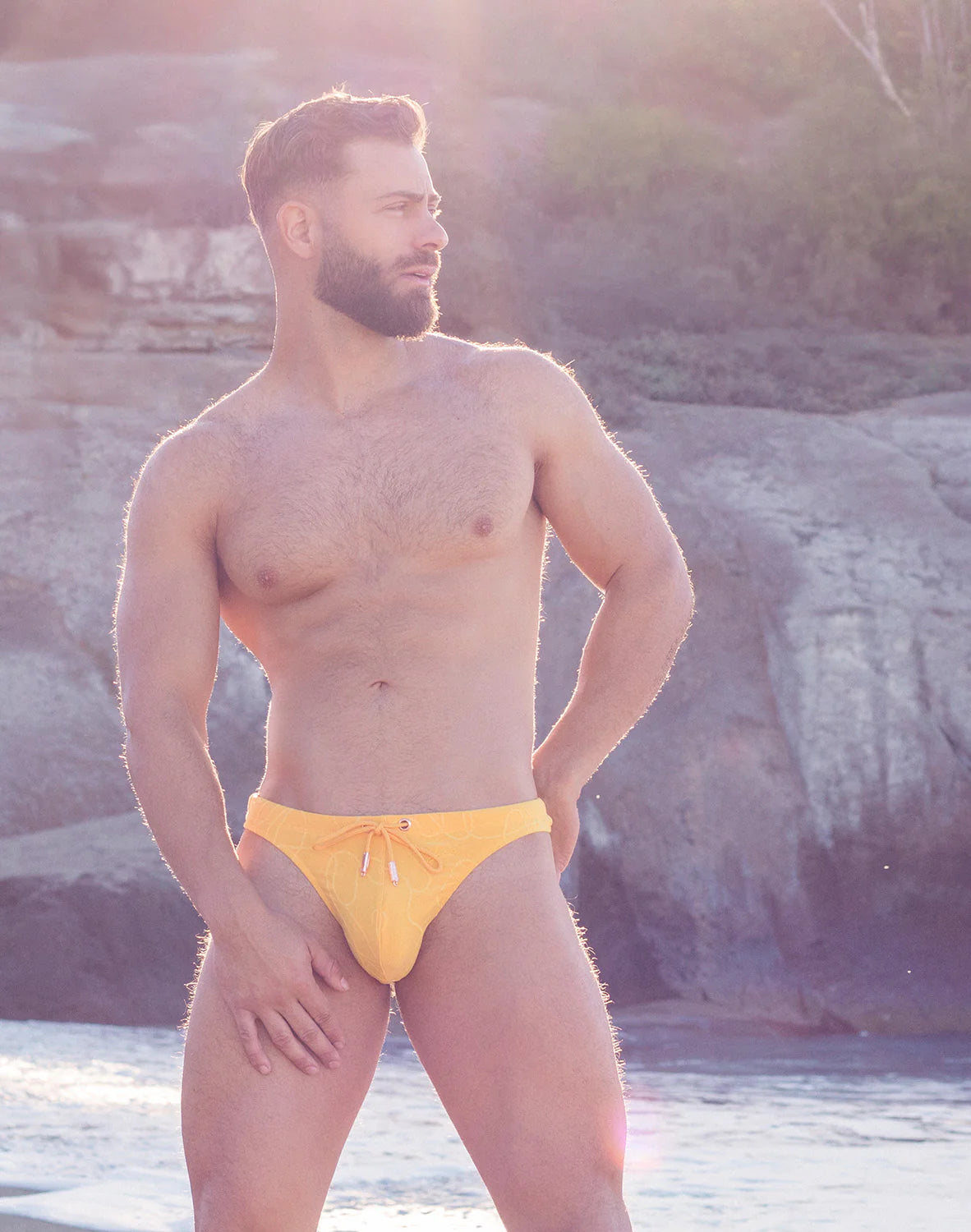 2eros Ripple Textured Swim Thong - Yellow Bikini Bottom for Women | High Waisted Cheeky Swimwear for Beach, Pool & Vacation