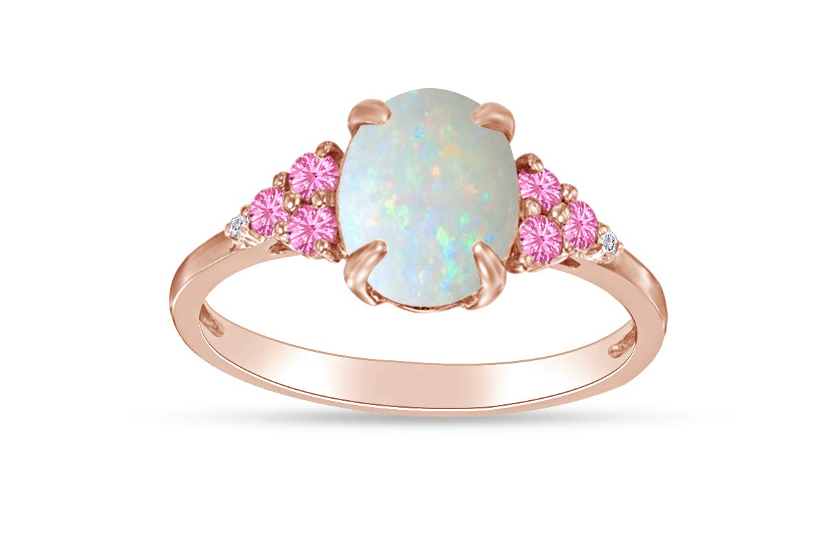 14K Gold Over Sterling Silver Oval Cut Lab-Created Opal Ring with Simulated White Sapphire & Pink Tourmaline Halo - Elegant Solitaire Jewelry for Women, Perfect for Engagement, Anniversary & Special Occasions