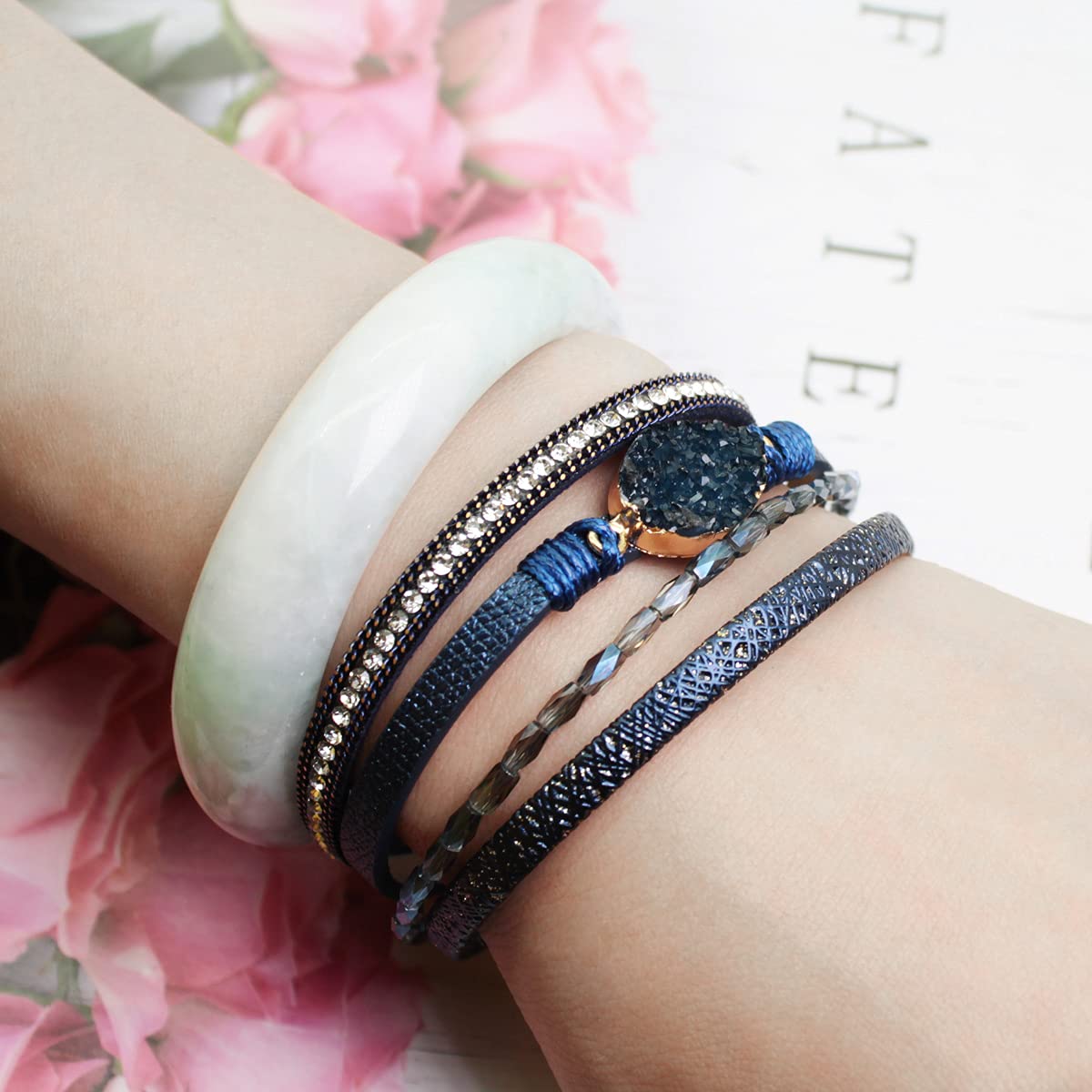 Boho Leather Wrap Bracelets for Women - Bohemian Crystal Beaded Adjustable Magnetic Clasp Layered Bracelet Set, Trendy Jewelry Gift for Her | Perfect for Festivals, Parties & Everyday Boho Chic Style