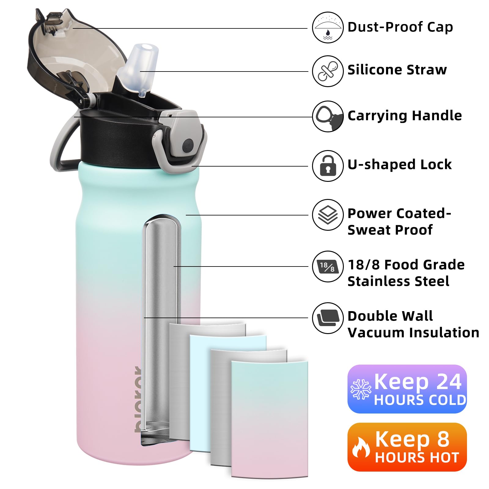 **BJPKPK 18oz Insulated Stainless Steel Water Bottle with Straw - Double Wall, BPA-Free, Leak Proof, Lockable Flip Lid & Soft Silicone Spout - Perfect for Gym, Hiking, Travel & School (Bubble Gum)**