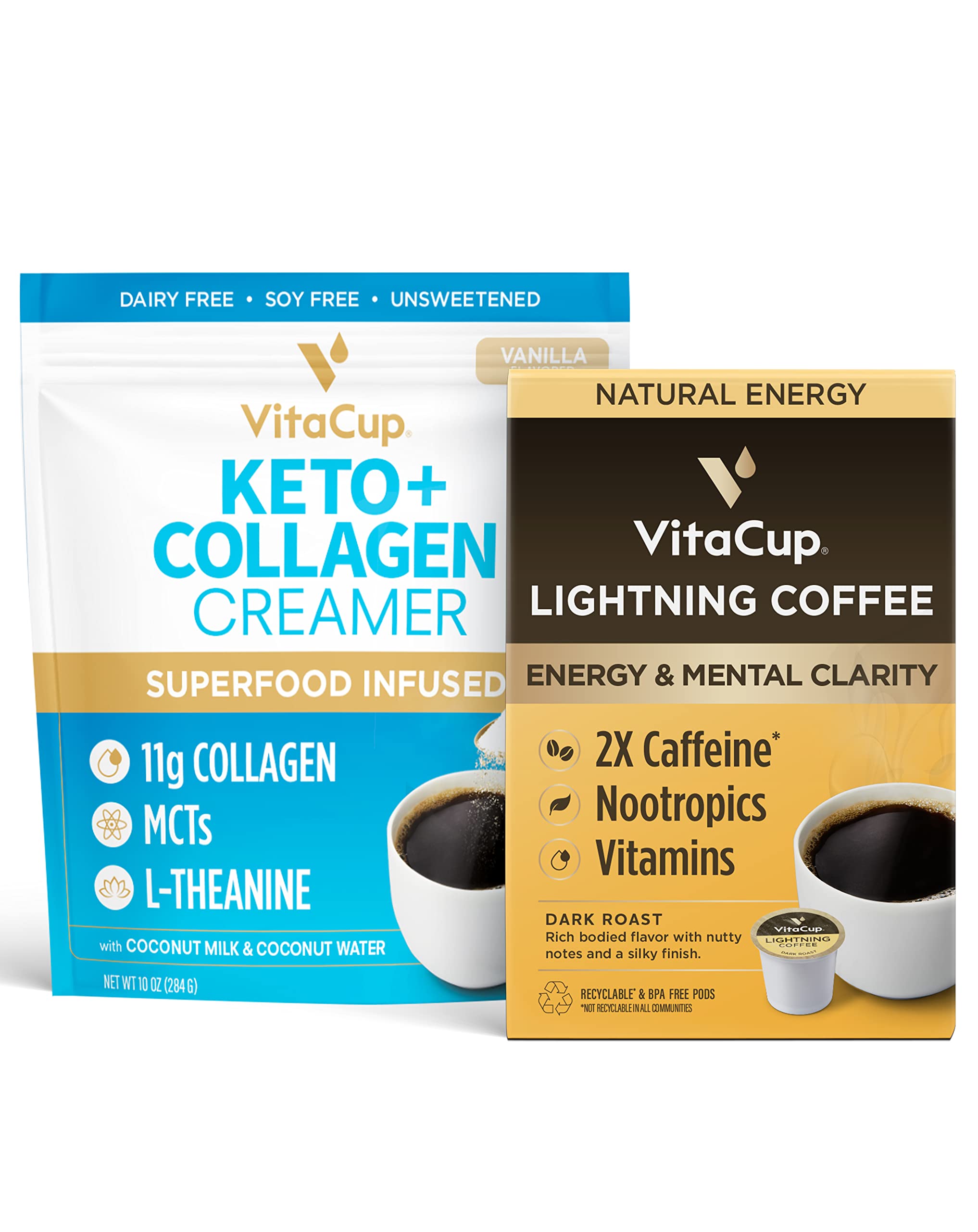 VitaCup Lightning Dark Roast Coffee Pods with Keto Collagen Vanilla Creamer - 16 Recyclable Single Serve Pods & 10oz Powder - Boost Energy, Focus & Productivity - Perfect for Office, Home or Travel