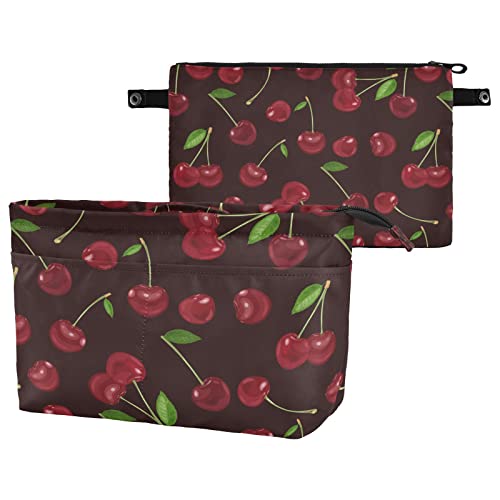 Black Women's Makeup Bag with Seamless Cherry & Leaves Design - Large Cosmetic Organizer, Toiletry Storage Case & Portable Coin Purse for Ladies & Girls | Perfect for Travel, Gym & Daily Essentials Organization