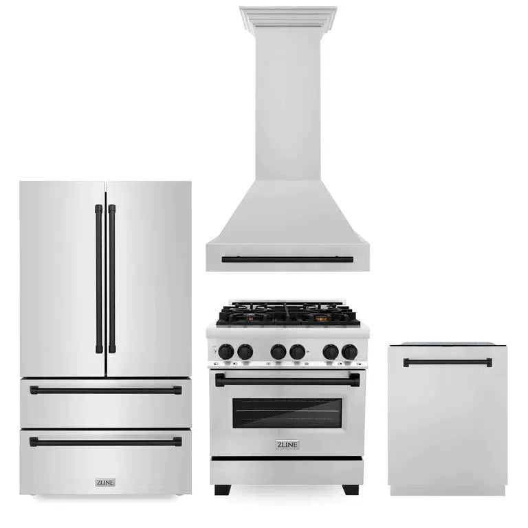 ZLINE Autograph Edition 30-inch Stainless Steel Kitchen Package - Dual Fuel Range, Range Hood, Dishwasher & Refrigerator with Matte Black Accents (4KAPR RARHDWM30 MB) | Premium Appliance Suite for Modern Kitchens & Home Renovations