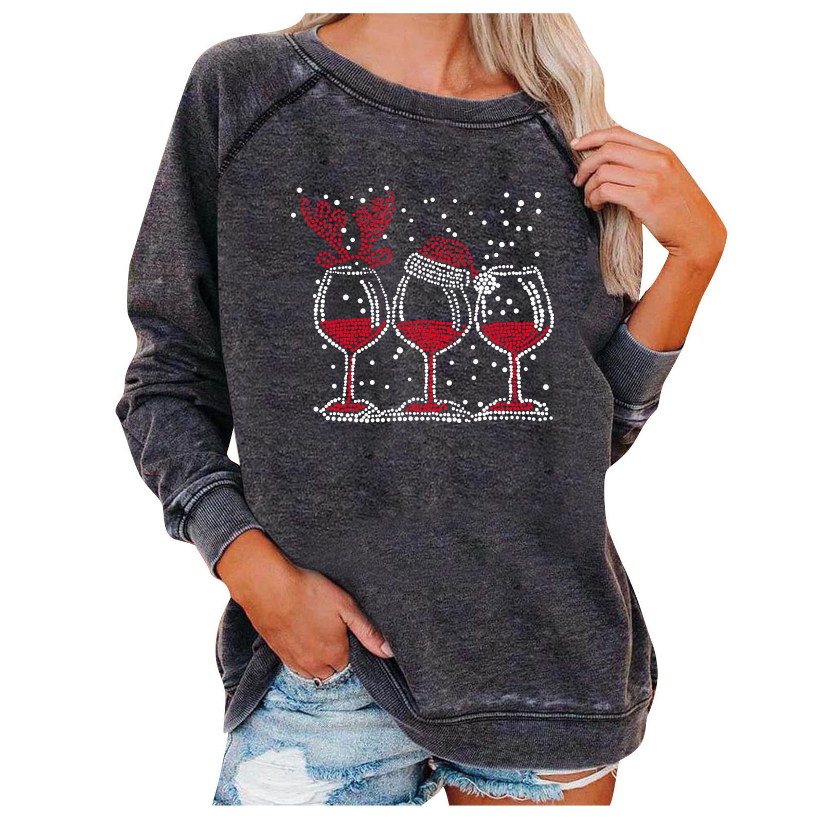 Women's Long Sleeve Pullover Sweatshirt - Rhinestone Wine Glass Print Crewneck Christmas Sweater | Fall & Winter Fashion | Perfect for Holiday Parties, Office Wear & Cozy Seasonal Outfits