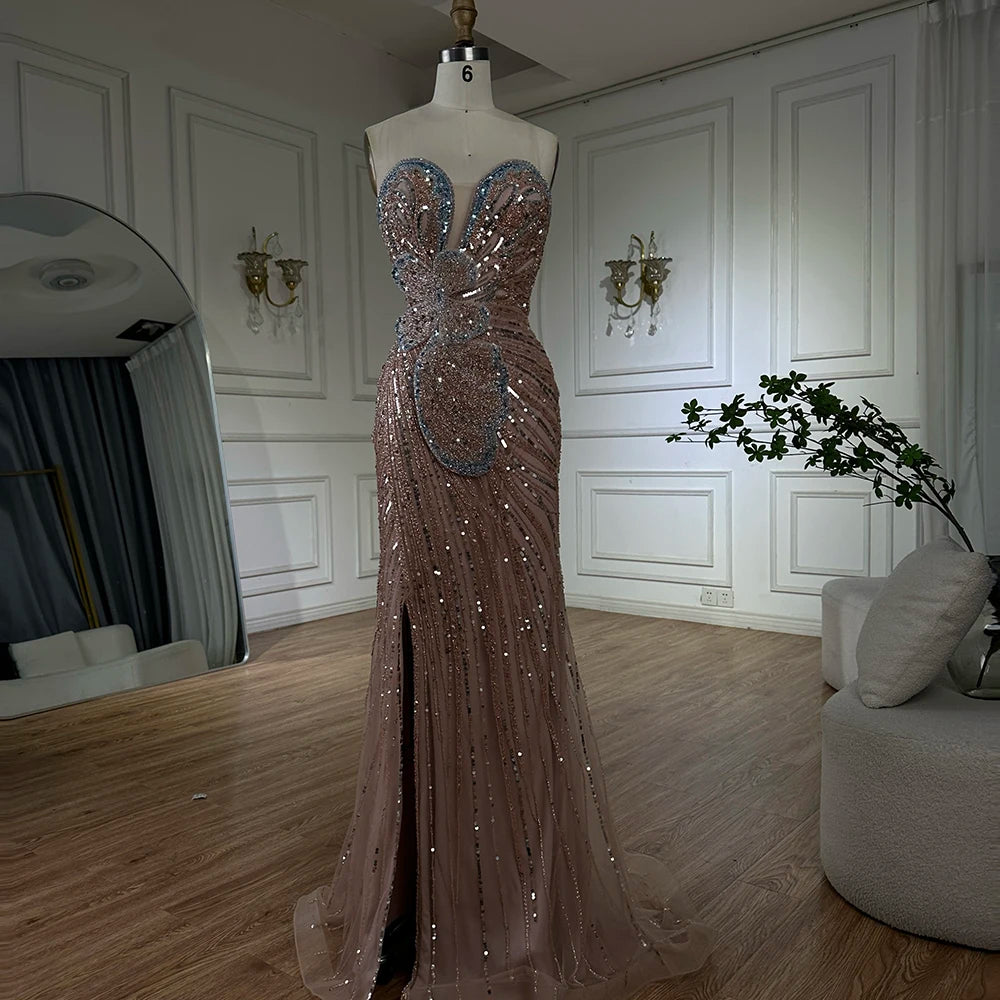 Luxury Dubai Saudi Arabic Pink Mermaid Evening Dress with High Slit - Elegant Formal Gown for Weddings, Prom, Red Carpet & Special Occasions