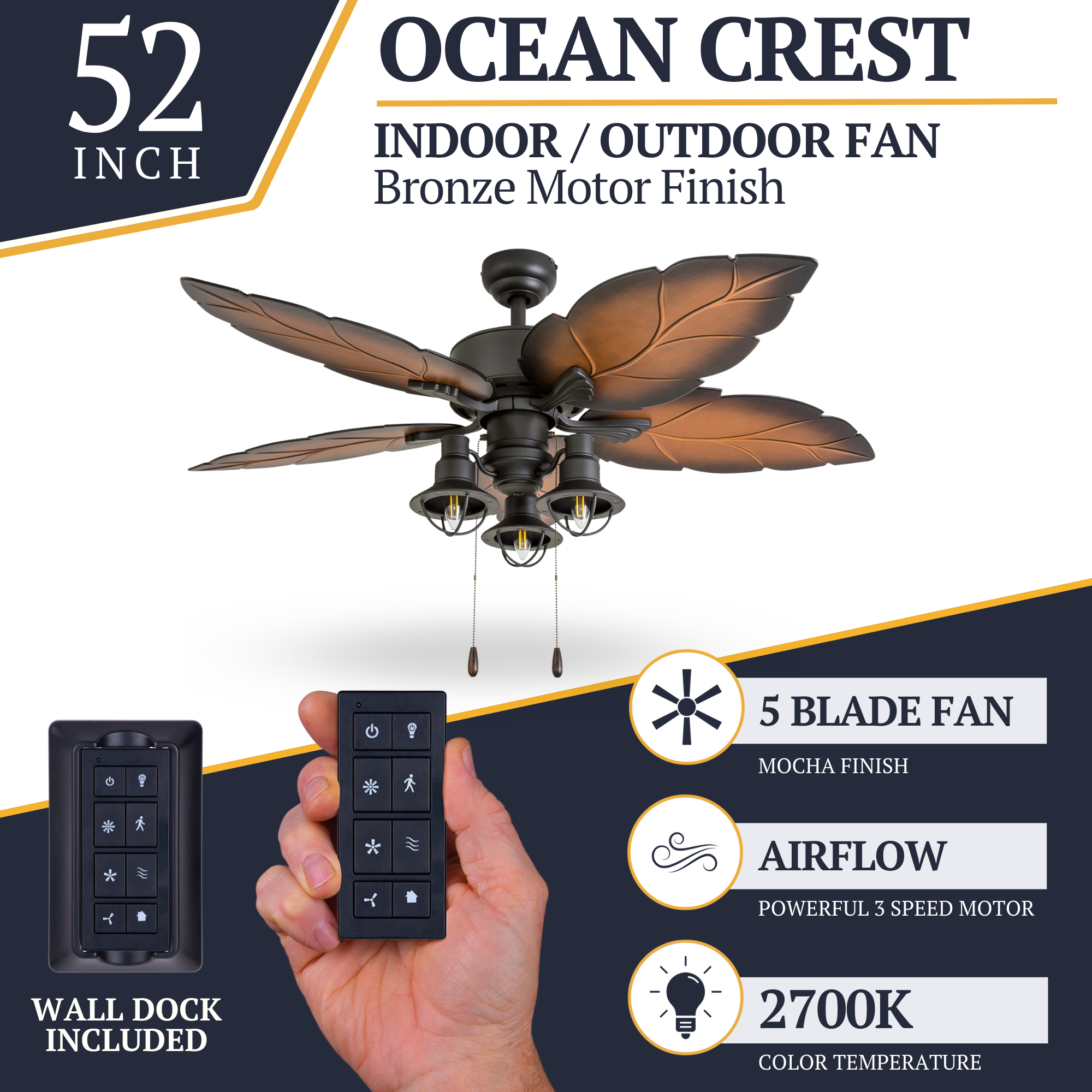 52 Inch Bronze Ocean Crest Ceiling Fan with Remote Control - Indoor/Outdoor Use for Living Room, Bedroom, Patio & Covered Porch