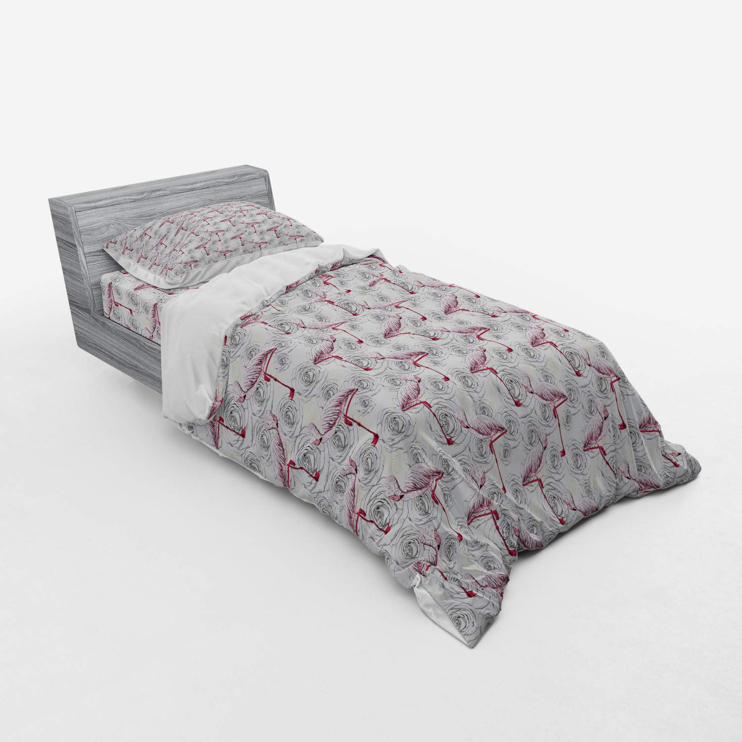 Ambesonne Floral Duvet Cover Set - Twin Size 3 Piece Bedding with Rose & Flamingo Pattern, Ivory Pale Pink - Perfect for Girls' Bedroom, Guest Room & Bohemian Decor