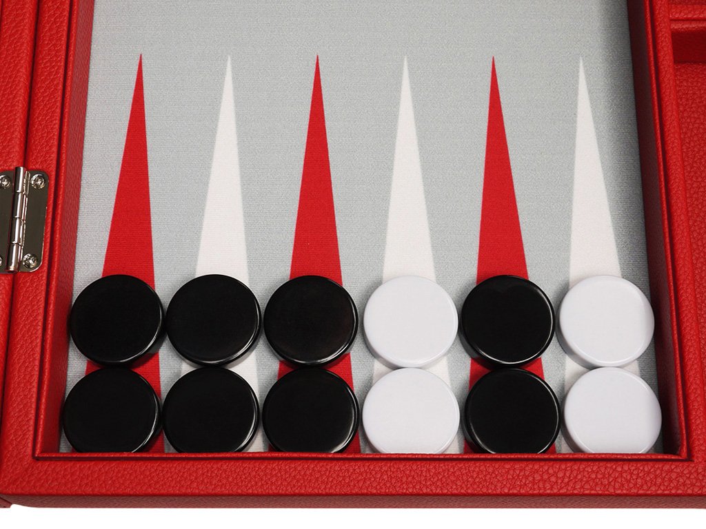 Premium 16-inch Backgammon Set with Red Wooden Board, Grey Playing Field & White/Red Points - Classic Board Game for Family Game Nights, Travel & Casino-Style Entertainment