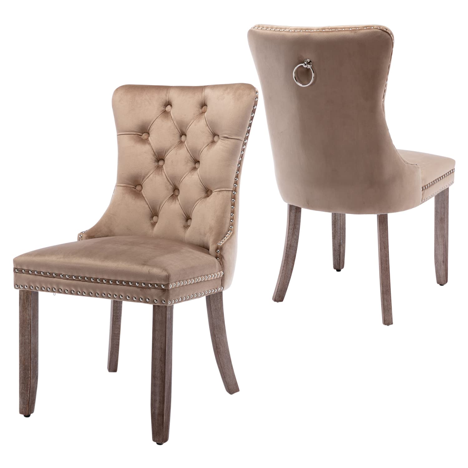 Virabit Velvet Dining Chairs Set of 2 - Tufted Upholstered Kitchen Chairs with Nailhead Trim & Solid Wood Legs, Elegant Accent Chairs for Dining Room, Bedroom or Office (Khaki) | Perfect for Modern Home Decor & Entertaining Guests