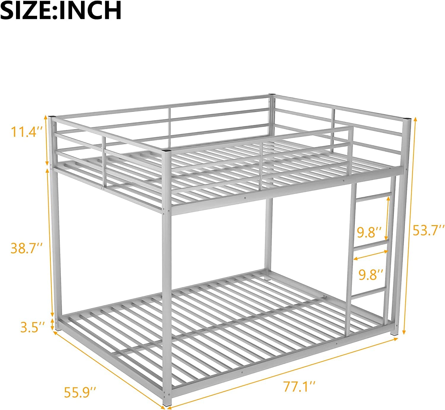 Harper & Bright Designs Sturdy Metal Full Over Full Bunk Bed for Kids - Low Profile Bunk Bed with Ladder for Boys & Girls - No Box Spring Required - Silver Finish - Perfect for Small Rooms, Shared Kids Bedrooms & Sleepovers