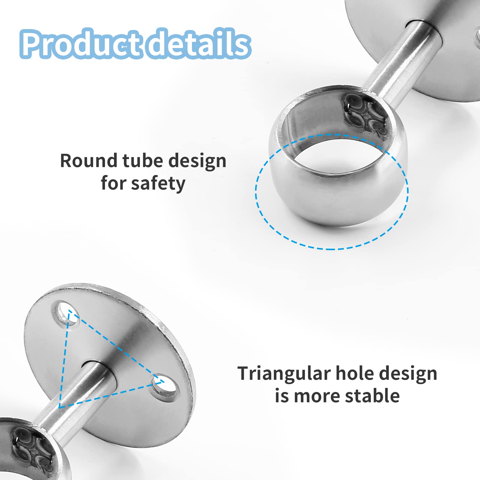 4Pcs Heavy Duty Stainless Steel Shower Curtain Rod Brackets - 3/4 Inch Ceiling Mount Flange Socket Closet Pole End Supports (2.1 Inch Height, Silver) for Wardrobe, Closet & Bathroom Organization