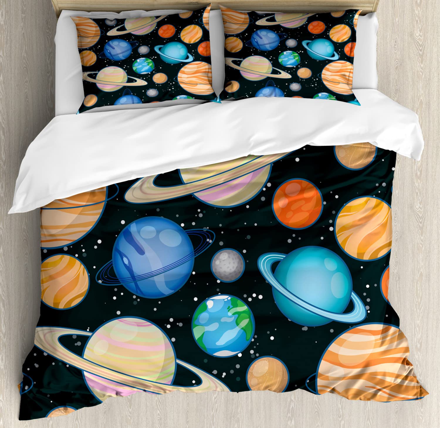 Ambesonne Galaxy Duvet Cover Set - Queen Size 2-Pack with Solar System Planets Print (Mars, Mercury, Uranus, Jupiter, Venus) - Includes 2 Duvet Covers & 4 Pillowcases in Salmon Blue - Perfect for Space Themed Bedrooms, Kids Rooms & Astronomy Lovers