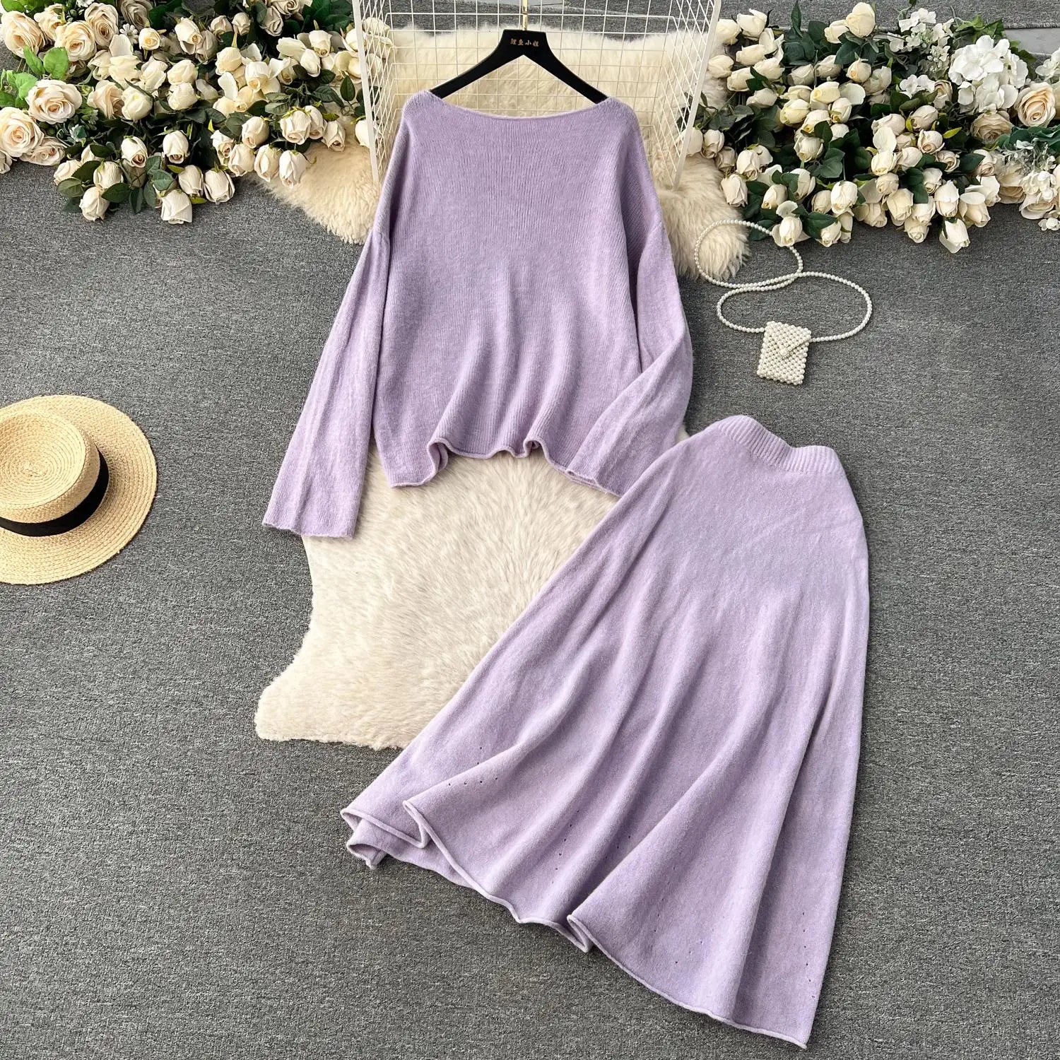 Women's Autumn Winter Knit Two Piece Set - Long Sleeve Pullover Top & High Waist Midi Skirt in White & Purple | Office Wear, Casual Outfits, Holiday Party Outfits