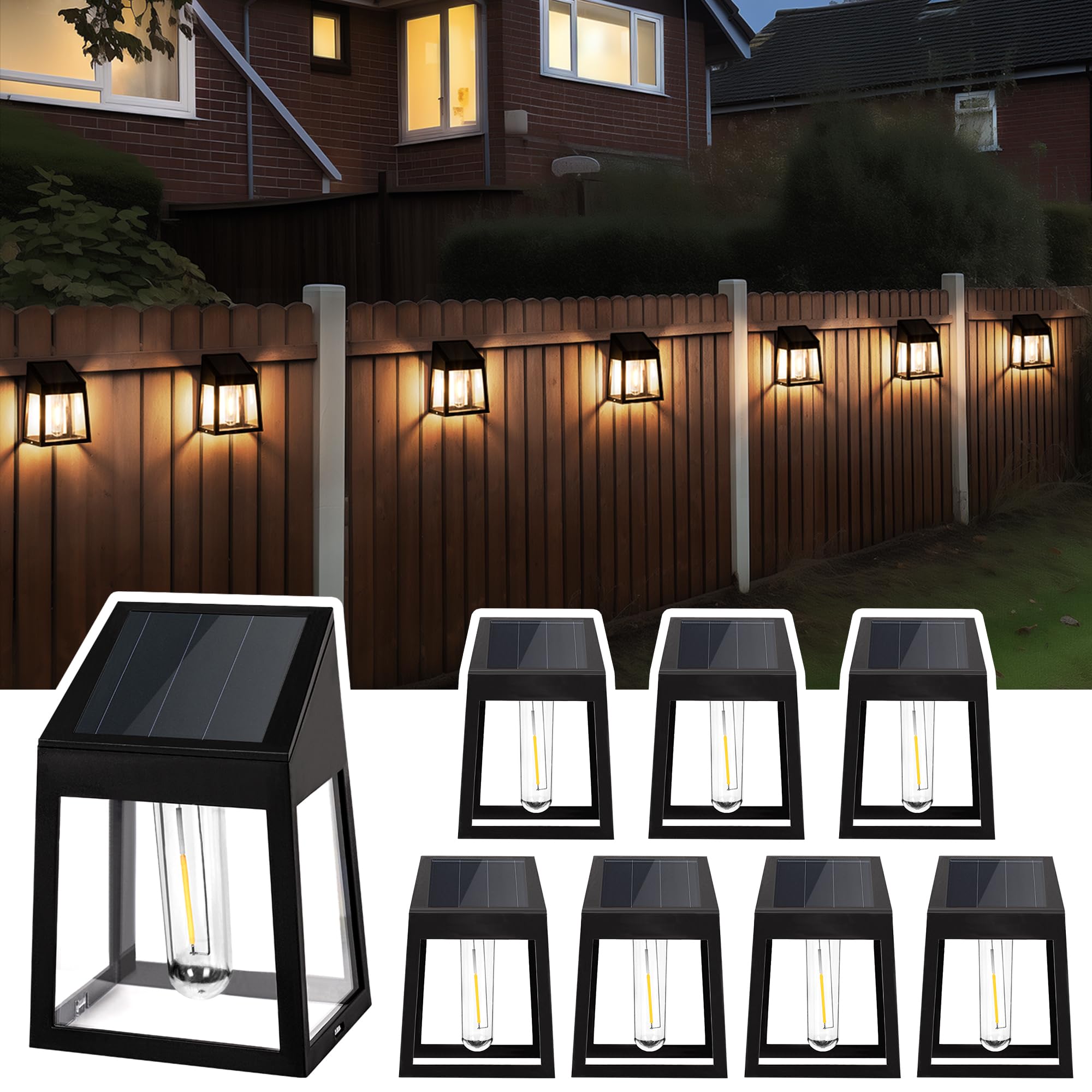 GIGALUMI 8 Pack Solar Wall Lights Outdoor, Dusk to Dawn Waterproof Solar Fence Lights - Warm White LED Garden Lighting for Patio, Porch, Backyard, Pathway, Deck & Landscape Decoration
