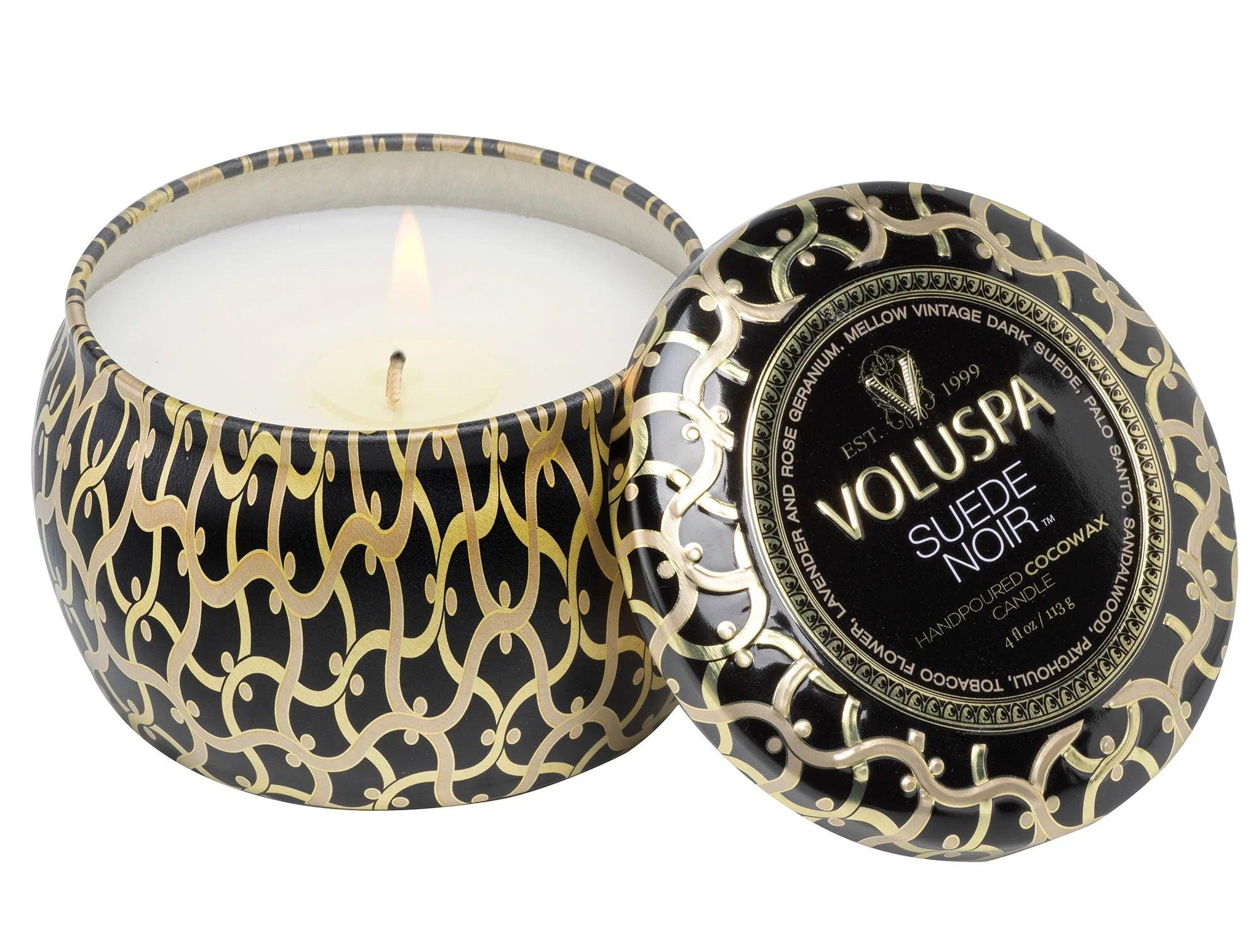 Black Suede Scented Small Tin Candle - Aromatherapy for Relaxation, Home Decor & Romantic Ambiance
