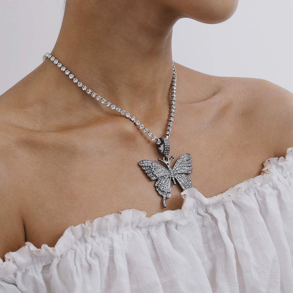 Missgrace Butterfly Rhinestone Choker Necklace - Gold & Silver Crystal Pendant Jewelry for Women, Teens, Girls - Perfect Gift for Wife, Girlfriend, Friends (Silver) | Elegant Party Wear, Prom Accessory, Valentine's Day Present