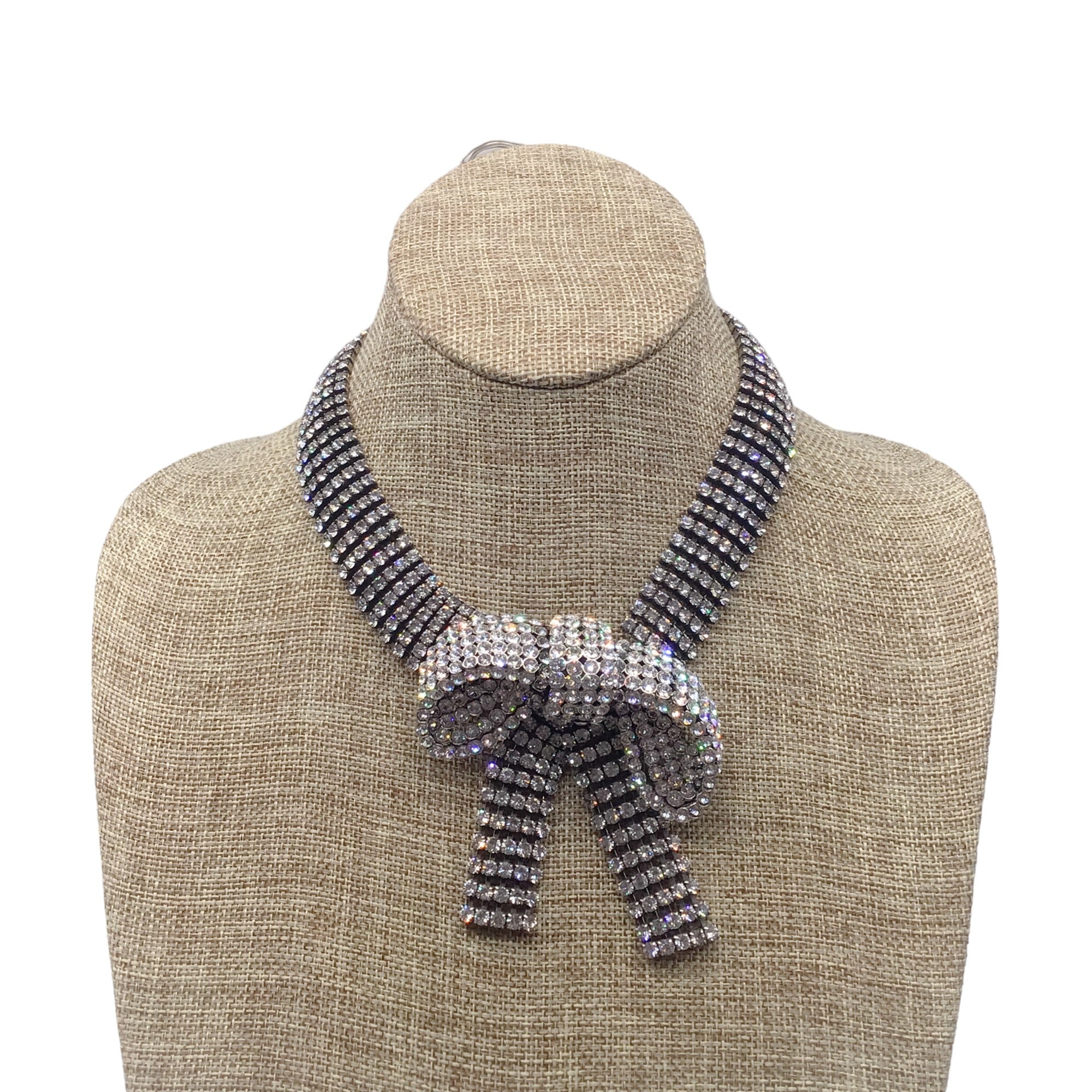Balenciaga Silver Crystal Embellished Bow Necklace for Women - Elegant Jewelry Gift for Party, Wedding & Special Occasions