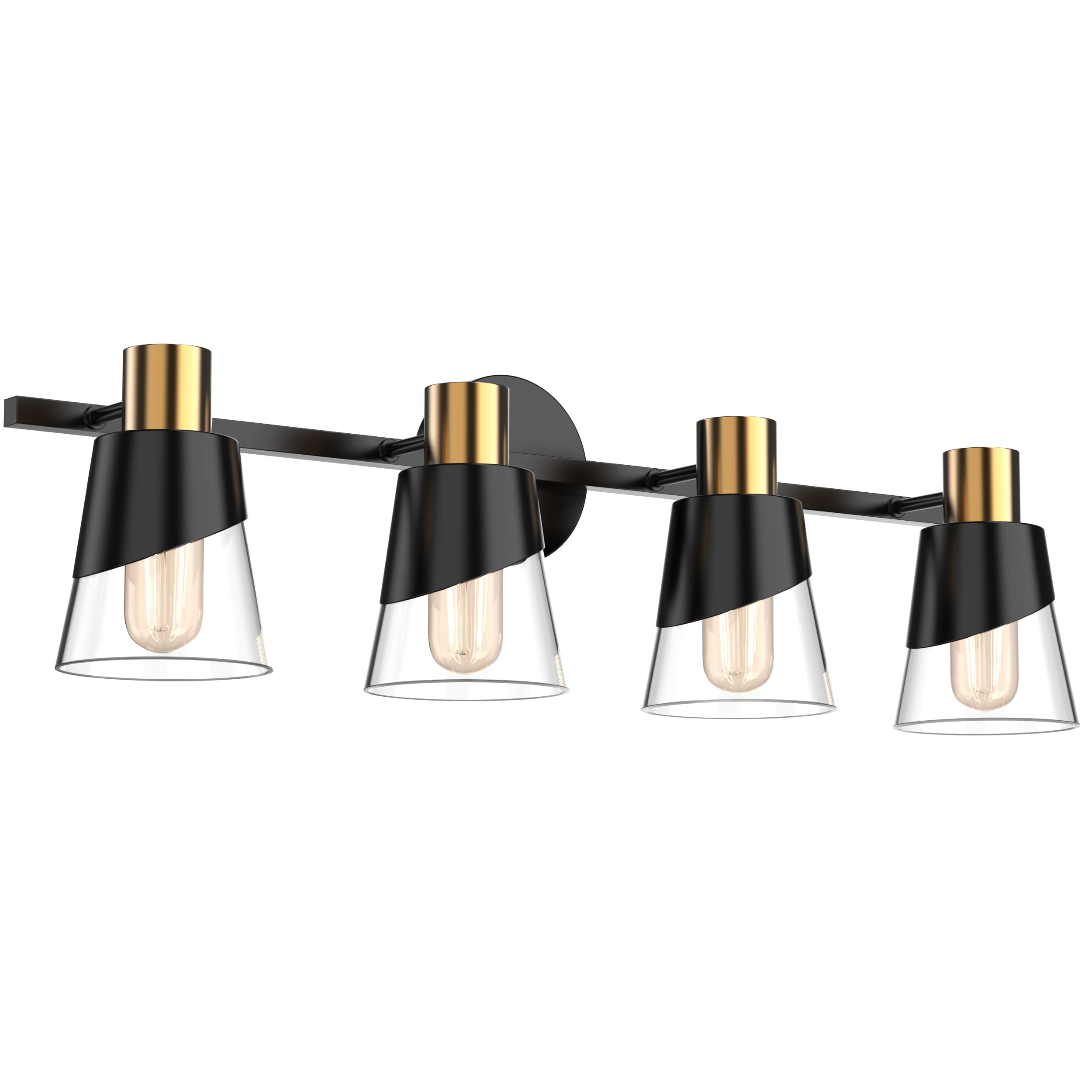 URSOLA 4-Light Bathroom Vanity Lighting Fixture - 28.34 Inch Black & Gold Wall Sconce with Beveled Edge & Clear Glass Shade - Perfect for Bathroom Mirror Lighting, Powder Room, and Spa-Like Ambience