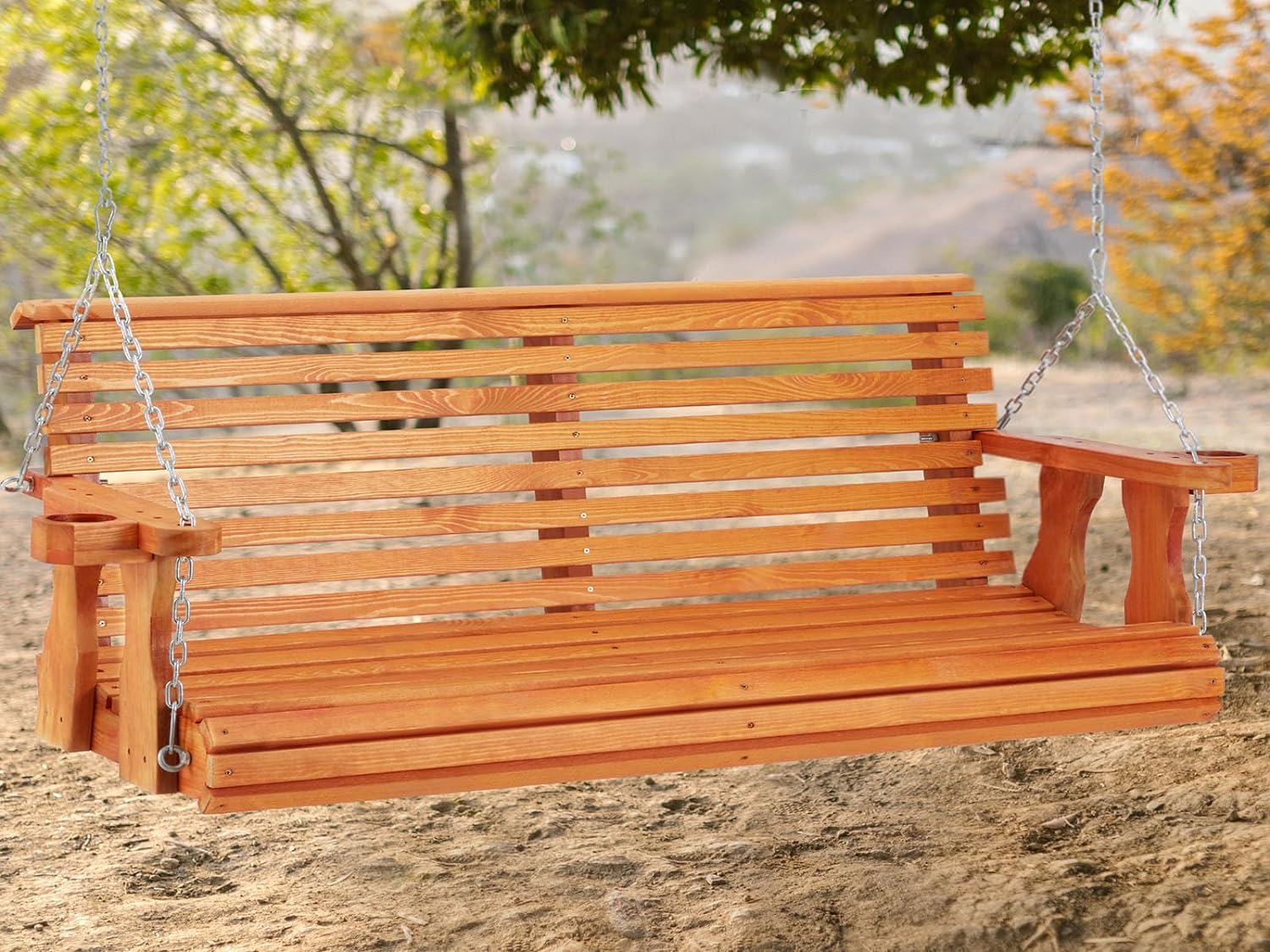 U-MAX 5.5FT Wooden Porch Swing with Cup Holders & Chains - 880Lbs Weight Capacity Outdoor Patio Swing Chair Bench for Garden, Backyard, Courtyard - Perfect for Relaxing, Reading & Enjoying Outdoor Time