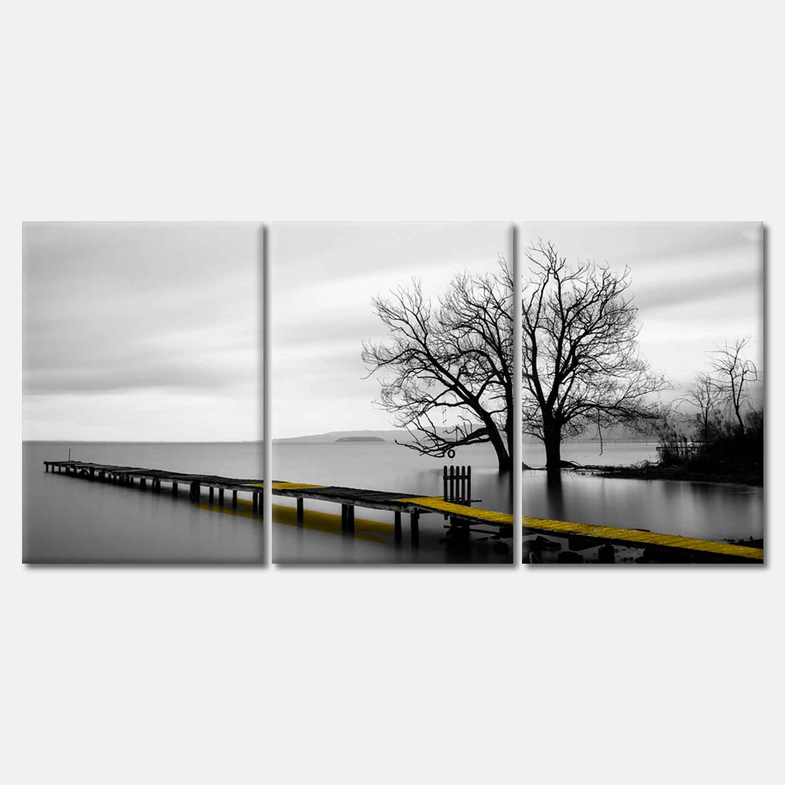3-Piece Yellow Wooden Pier Lake Wall Art Canvas Set - High Quality Print, 100% Australian Made, Ready to Hang - Perfect for Living Room, Bedroom & Office Decor