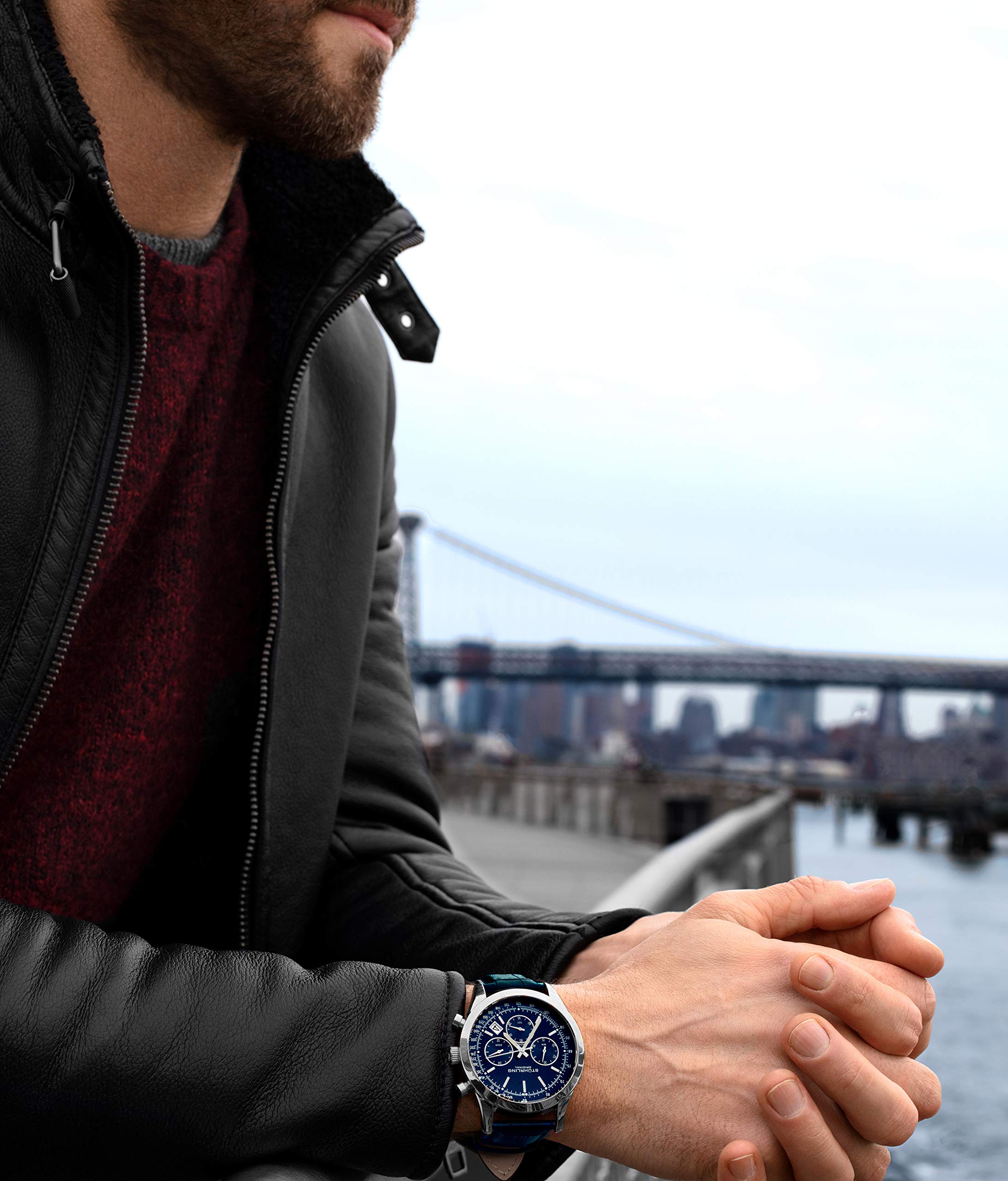 Stuhrling Original Men's Chronograph Watch - Blue Analog Dial with Date, Tachymeter & 24-Hour Subdial - Genuine Leather Strap - Rialto Collection - Perfect for Business, Casual & Formal Occasions