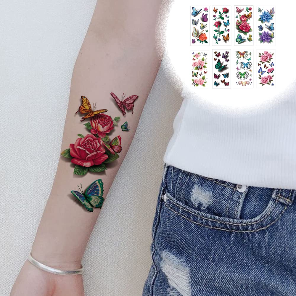 8 Pcs Butterfly Rose Temporary Tattoos - Waterproof Fake Body Art for Women & Girls - Perfect for Parties, Festivals, and Summer Beach Looks