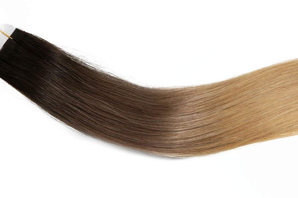 20 Pieces Tape in Hair Extensions 14 Inch 50g - Ombre Brown Highlights Human Hair - Invisible Seamless Extensions for Volume & Length - Perfect for Weddings, Parties & Daily Styling