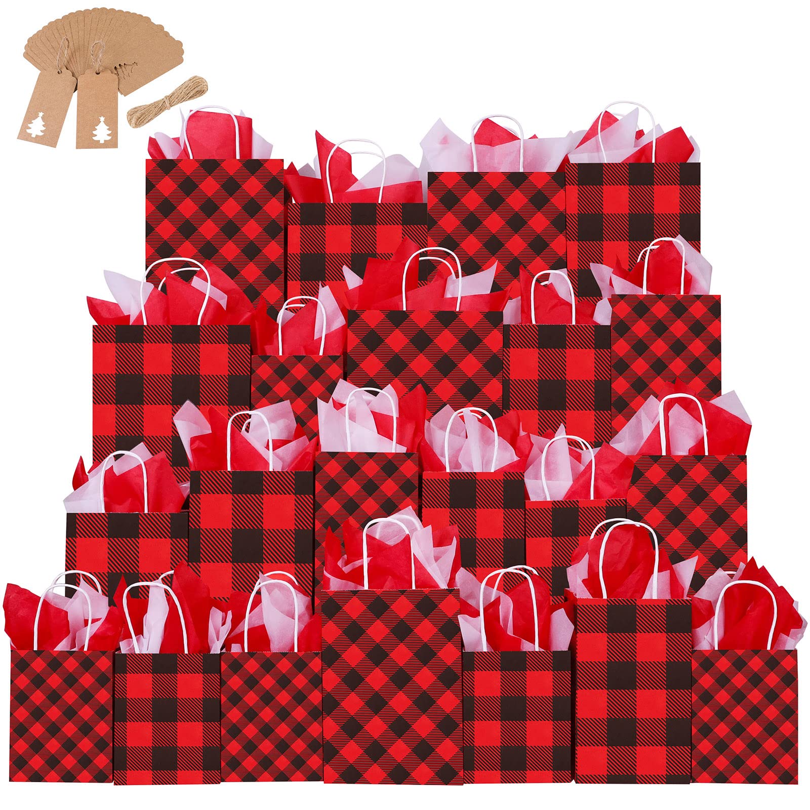 24-Piece Christmas Gift Bags Buffalo Plaid Kraft Paper Bags with Tags & Tissue Paper - Holiday Gift Wrapping, Party Favors & Xmas Decorations for Home, Office & Festive Celebrations