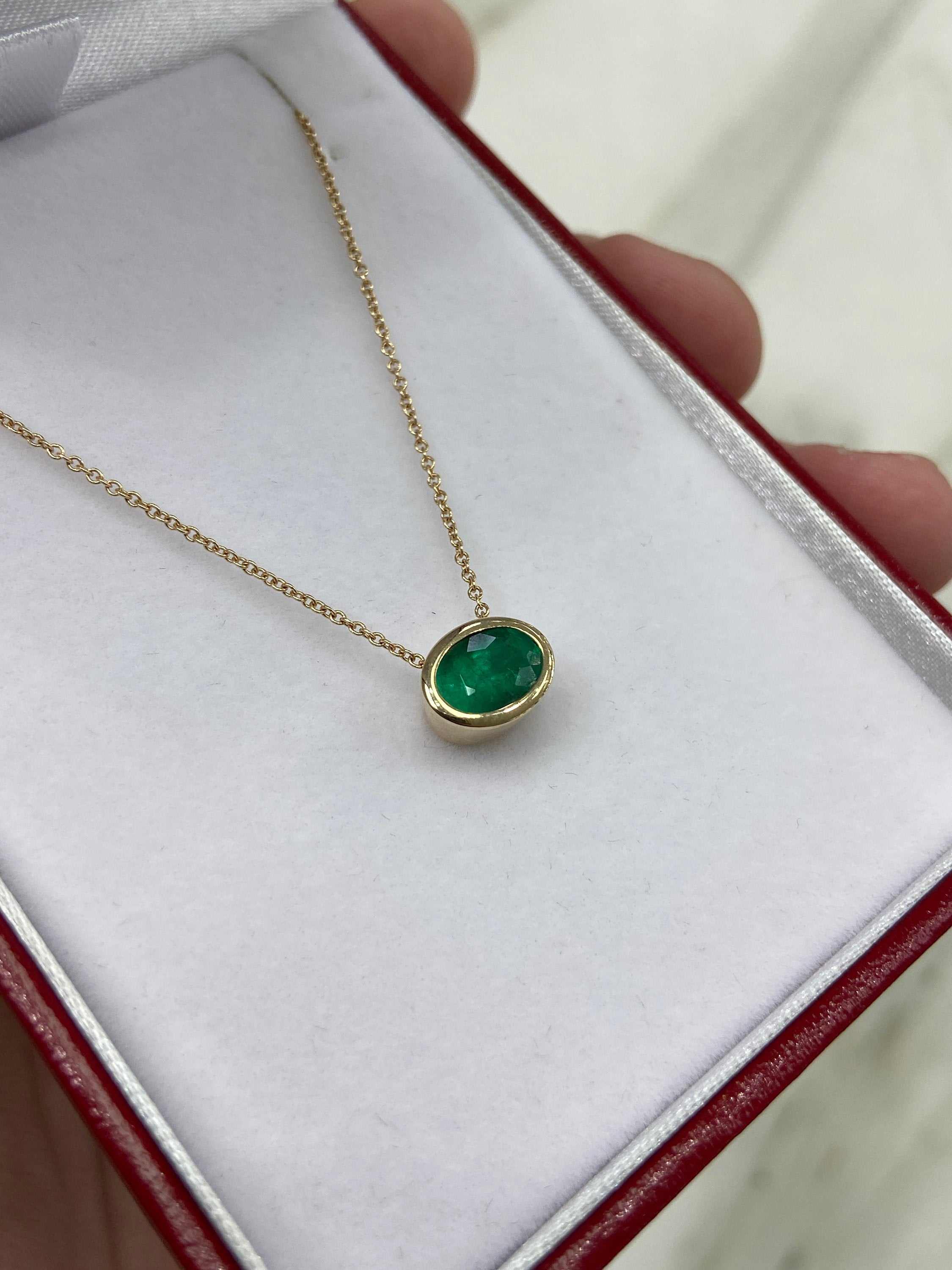 1.30 Carat Rich Green Oval Emerald Bezel Solitaire Slider Necklace in 14K Gold - Elegant Jewelry for Women, Perfect for Weddings, Parties & Special Occasions