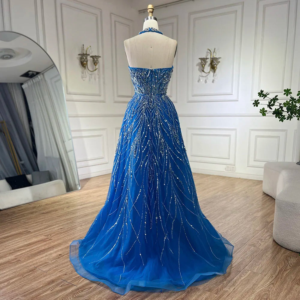 Elegant Blue Arabic A-Line Halter Gown - Luxury Dubai Evening Dress for Women | Wedding, Party & Special Occasion Wear | 2025 Fashion LA72302