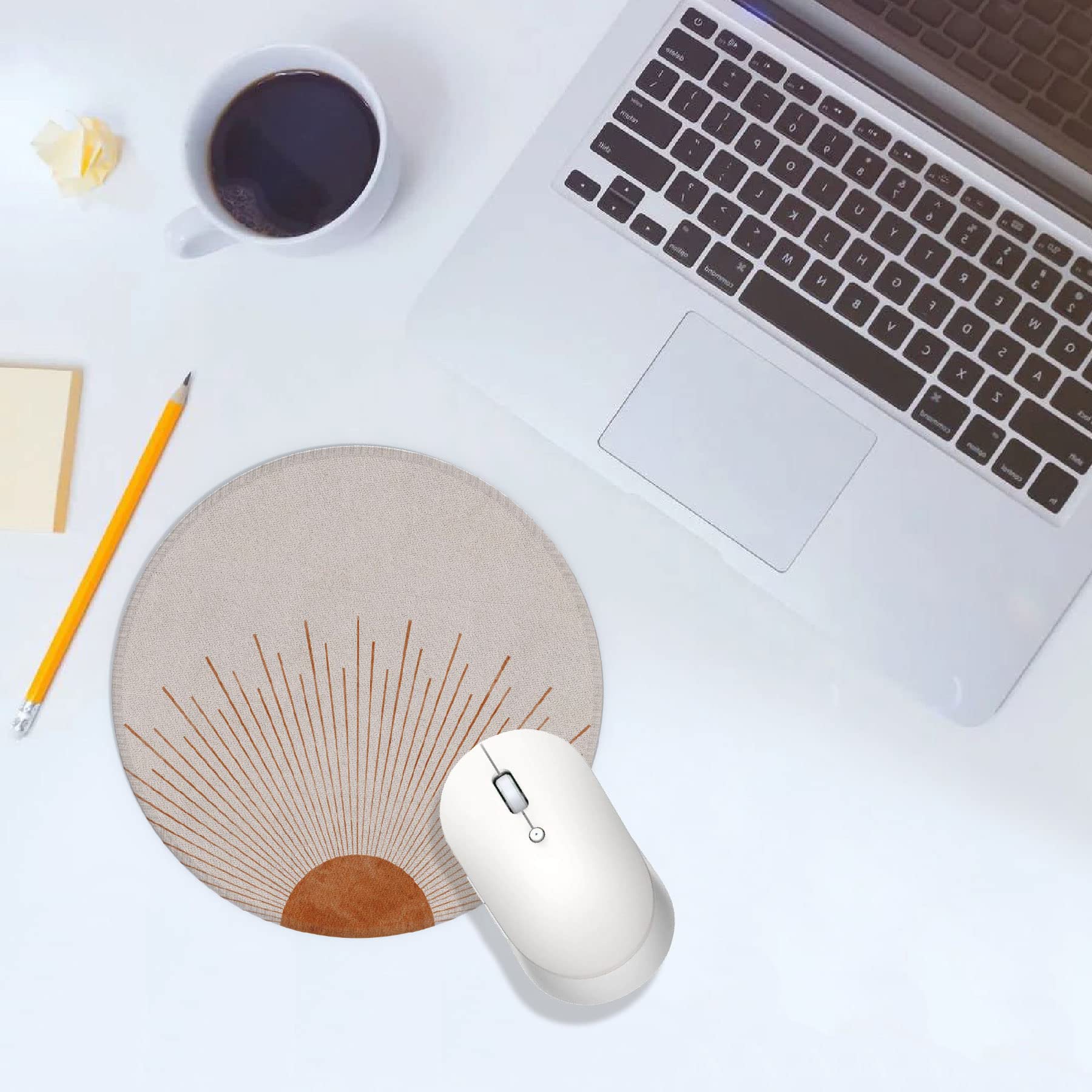Boho Mouse Pad 7.9x7.9 Inch - Waterproof Rubber Round Desk Mat, Aesthetic Small Beige Mousepad for Office, Home & Gaming Setup - Non-Slip Base & Smooth Surface for Computers & Laptops