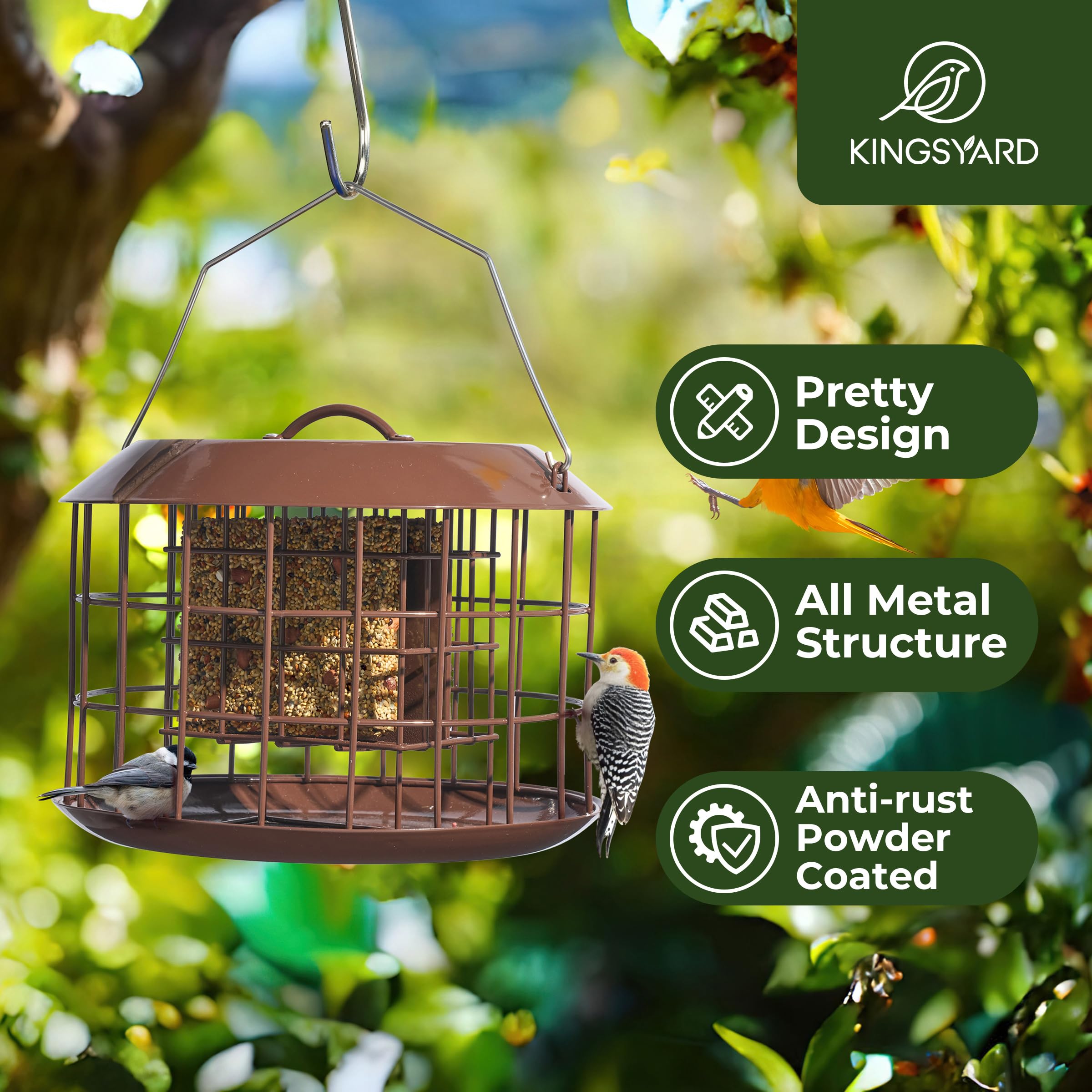 Kingsyard Squirrel Proof Suet Bird Feeder - All Metal Outdoor Hanging Cage Feeder with Double Suet Cake Capacity, Tray & Weatherproof Design (Brown) - Perfect for Backyard Bird Watching & Wildlife Observation
