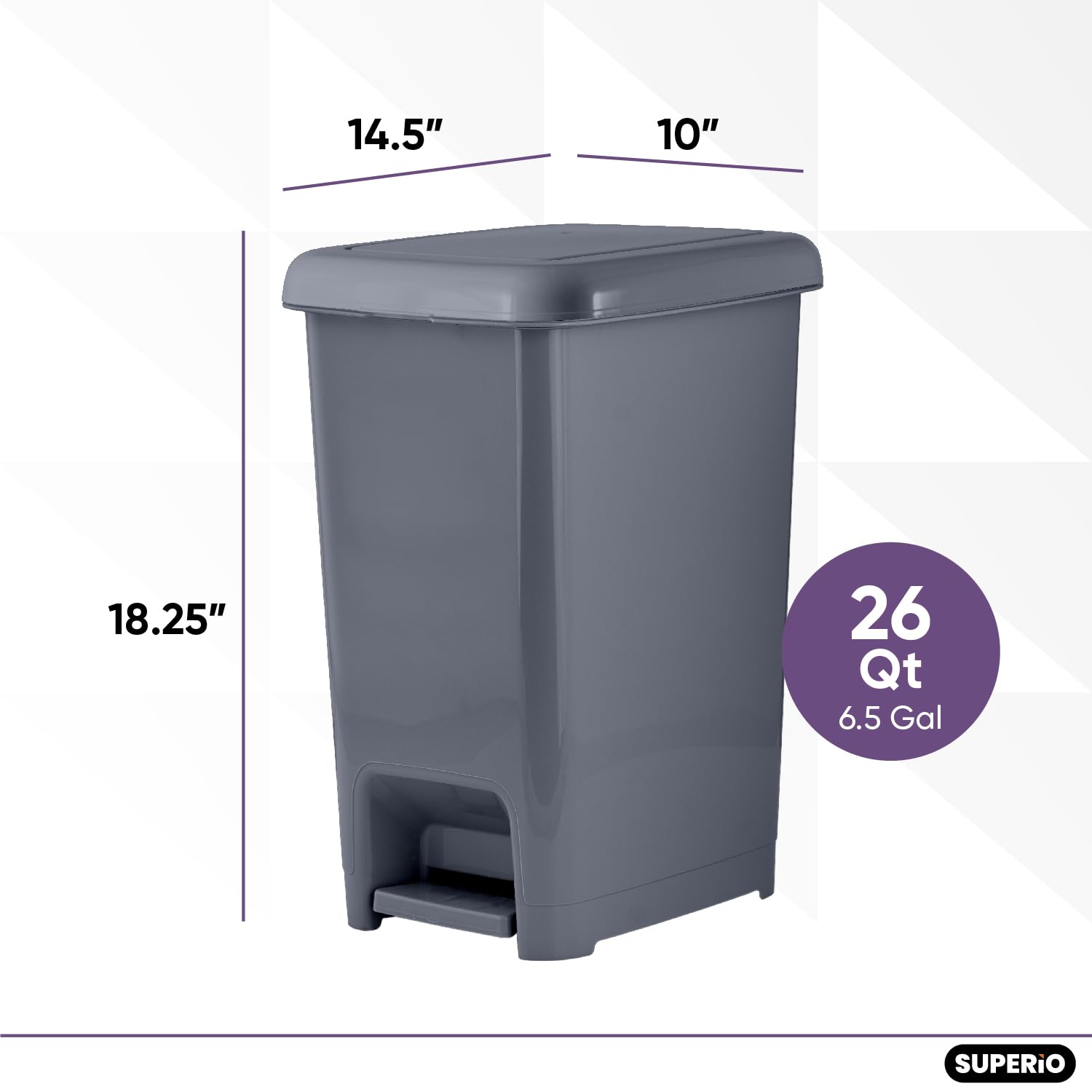 Premium 6.5 Gallon Slim Step-On Trash Can with Lid - Odor-Controlling Kitchen & Bathroom Garbage Bin - Space-Saving Design for Office, Dorm, Bedroom & Patio - Modern Onyx Grey Plastic Wastebasket for Home & Commercial Use
