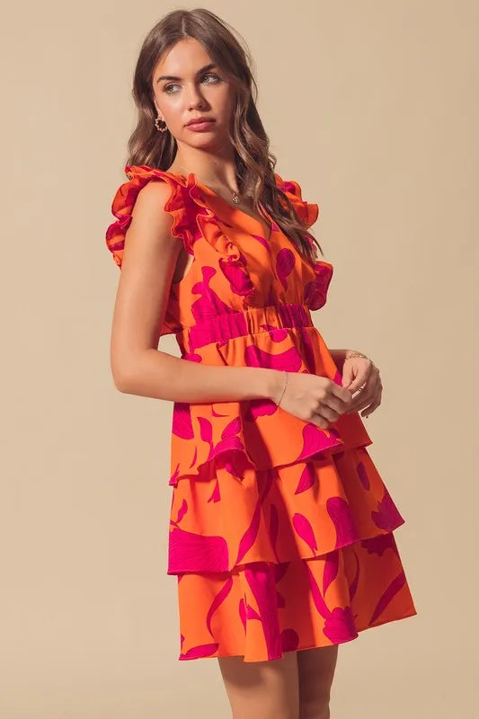 Stylish Orange Layered Resort Dress with Elastic Waist - Perfect for Beach Vacations, Summer Parties & Tropical Getaways
