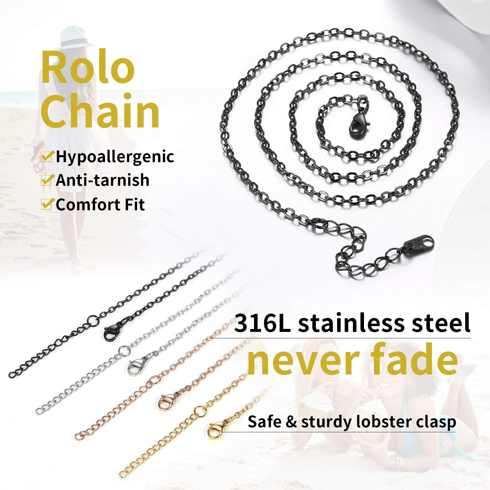 ChainsHouse Thin Rolo Chain Necklaces for Women & Men - 1.4MM/2MM Stainless Steel Cable Chains with 5cm Extender - 14K Gold, Rose Gold & Black Plated Durable Necklaces (16-30 Inch) - Perfect for Layering, Gifts & Everyday Wear