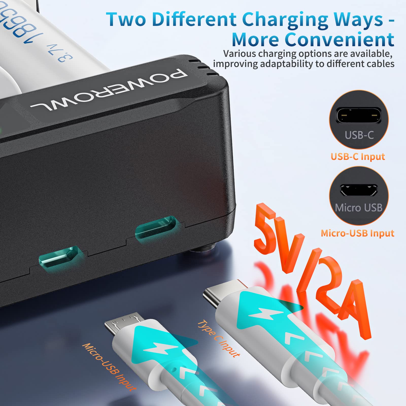 POWEROWL AA AAA C D Rechargeable Battery Charger with Type C & Micro USB Fast Charging - Universal Charger for Household & Office Electronics
