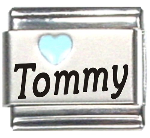 Tommy Light Blue Heart Laser Name Italian Charm Link Bracelet - Personalized Name Jewelry for Women, Girls - Perfect Gift for Valentine's Day, Anniversary & Special Occasions