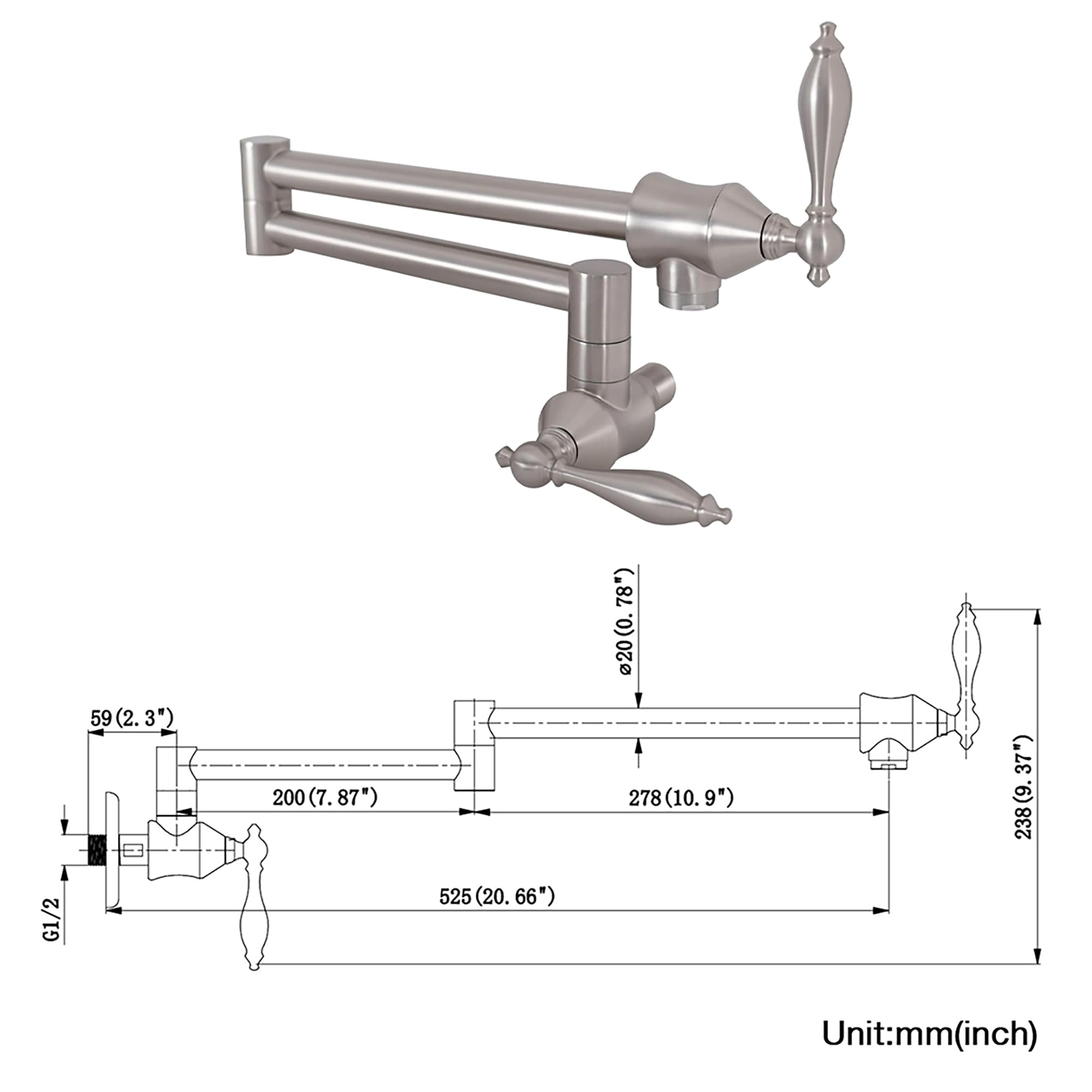 Brushed Nickel Pot Filler Faucet - Swing Arm for Kitchen Sink