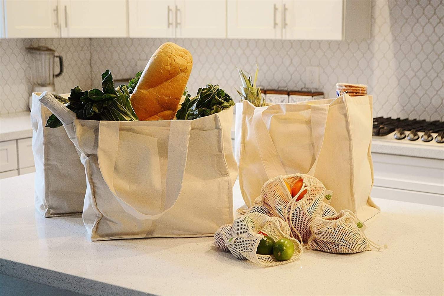 Eco-Friendly Reusable Shopping Bags Set - 4 Pack (1 Cotton Canvas Bag + 3 Mesh Bags) - 100% Organic Cotton, Washable & Durable for Groceries, Beach & Farmers Market