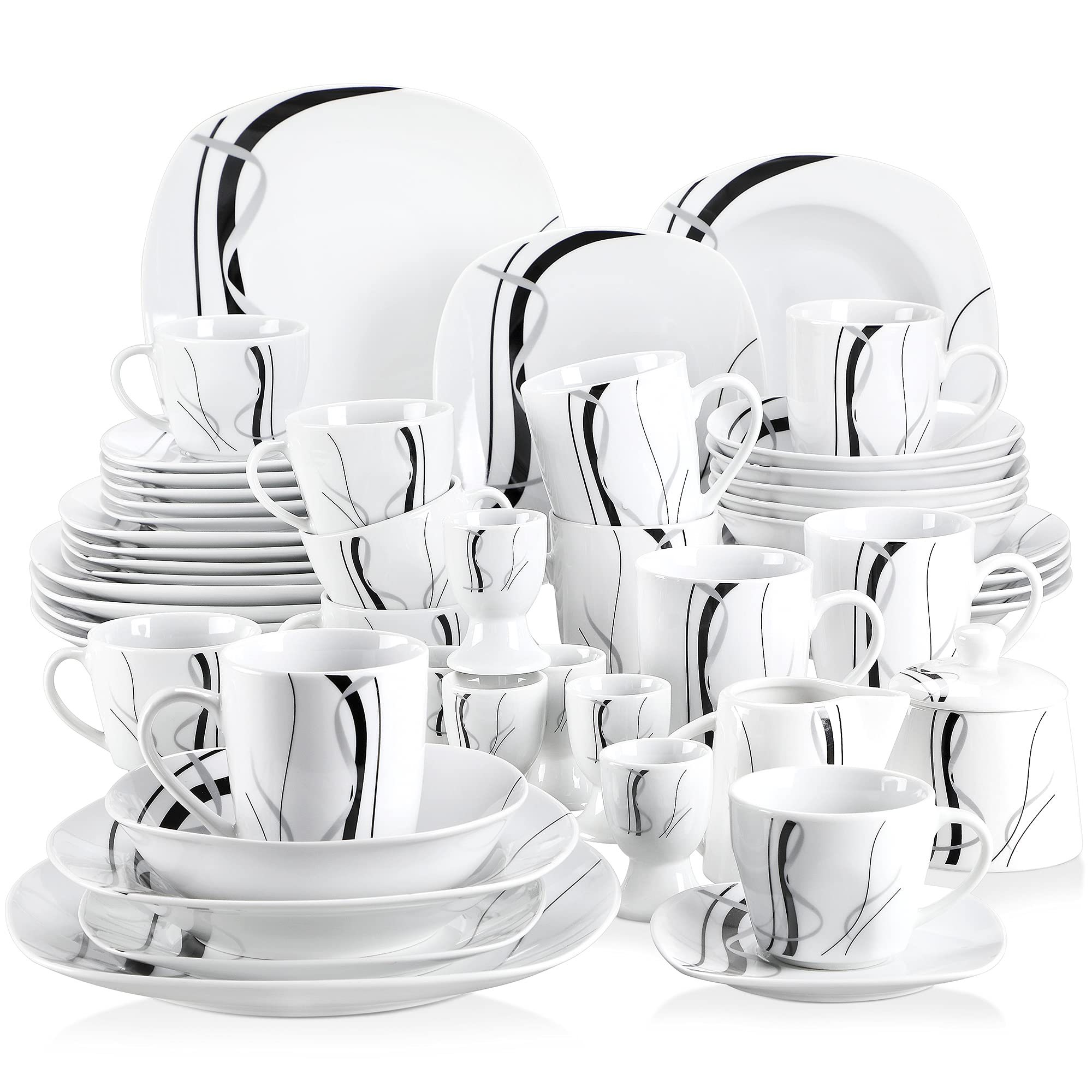 VEWEET Fiona Series 50-Piece Porcelain Dinnerware Set for 6 People - Includes Dinner Plates, Bowls, Mugs, Egg Cups, Cup & Saucer Set, Dessert Plates, Soup Bowls with Milk Jug & Sugar Pot - Elegant Table Setting for Family Dinners, Dinner Parties & Holiday Entertaining