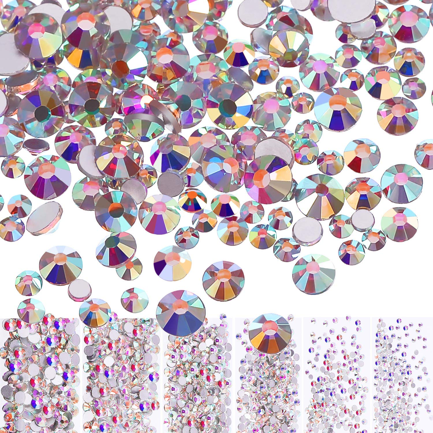 Bememo 3456 Pcs AB Crystal Rhinestones - Flat Back Round Gems for DIY Crafts, Clothing, Shoes, Makeup Bags & Home Decor (6 Sizes, Iridescent) | Perfect for Jewelry Making, Nail Art, Wedding Decorations & Scrapbooking