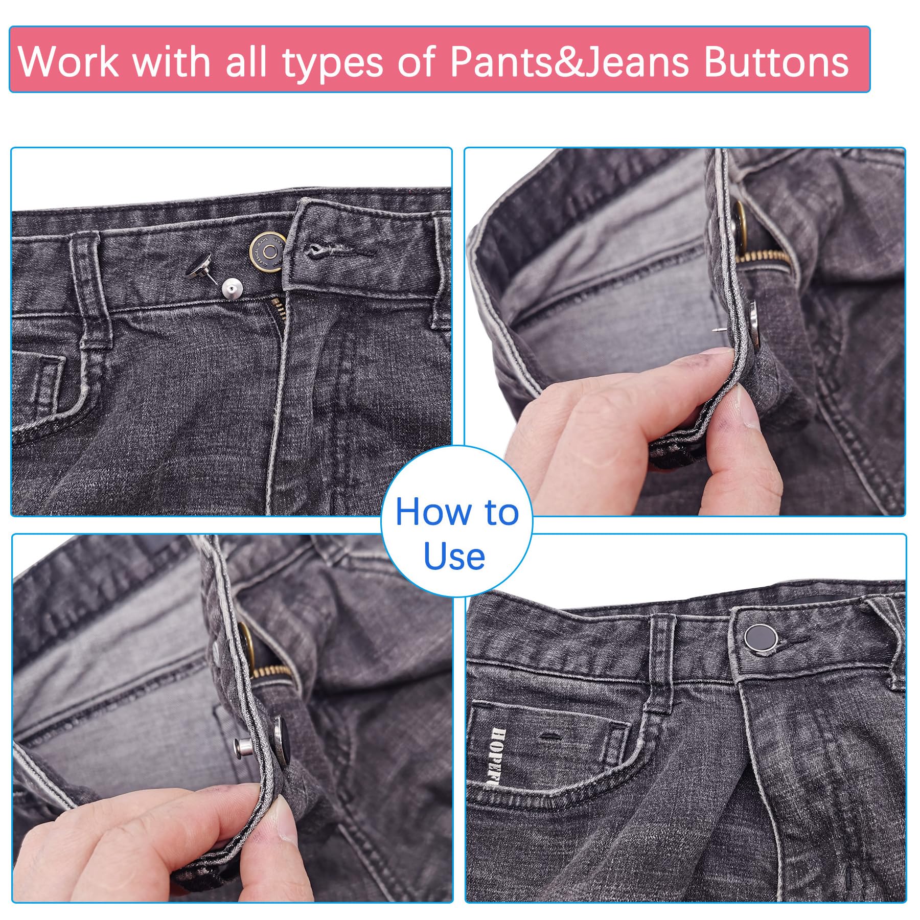 8 Pcs No-Sew Jean Button Pins - Reusable & Adjustable Replacement Buttons for Loose Jeans & Pants - Quick Fix Without Tools - Perfect for DIY Clothing Repair, Emergency Wardrobe Fixes, and Denim Upcycling