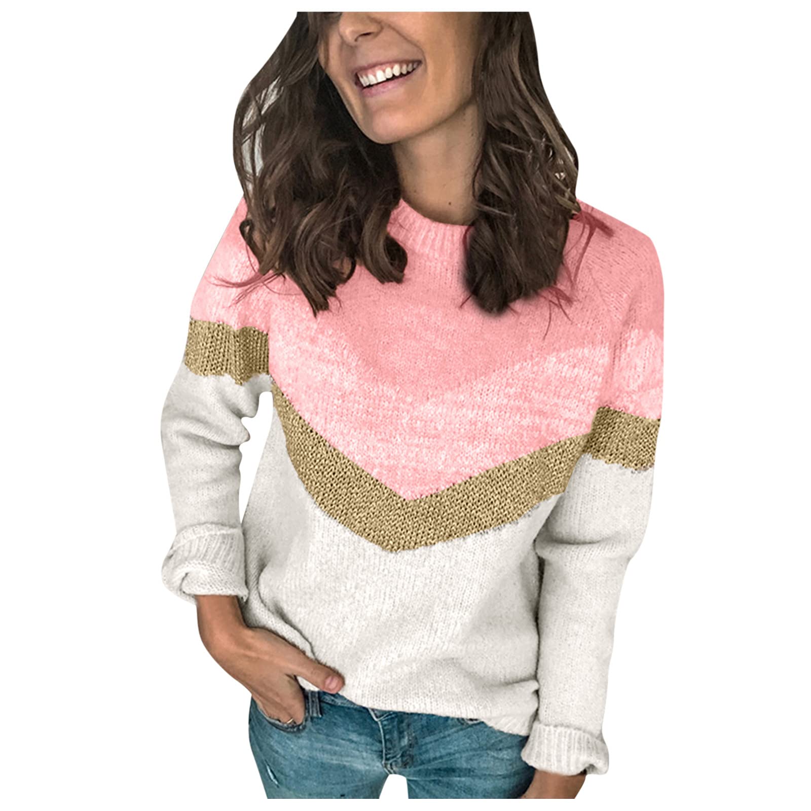 Women's Color Block Knitwear Crewneck Stripe Pullover Sweater - Soft Casual Long Sleeve Jumper Top for Fall & Winter - Perfect for Office, Travel and Weekend Outfits