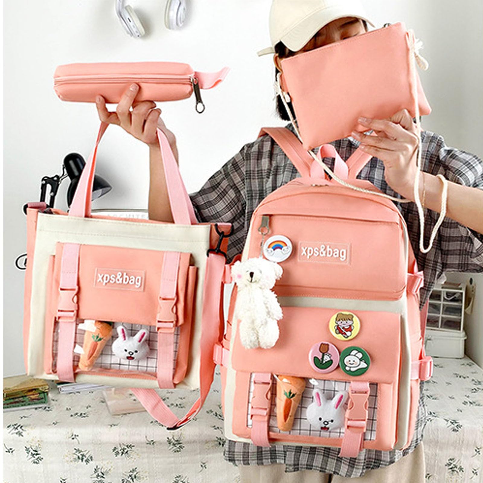 4Pcs Kawaii Backpack Set for School - Cute Aesthetic Backpacks with Accessories for Girls & Teens (Pink) - Perfect for School, Travel & Daily Use
