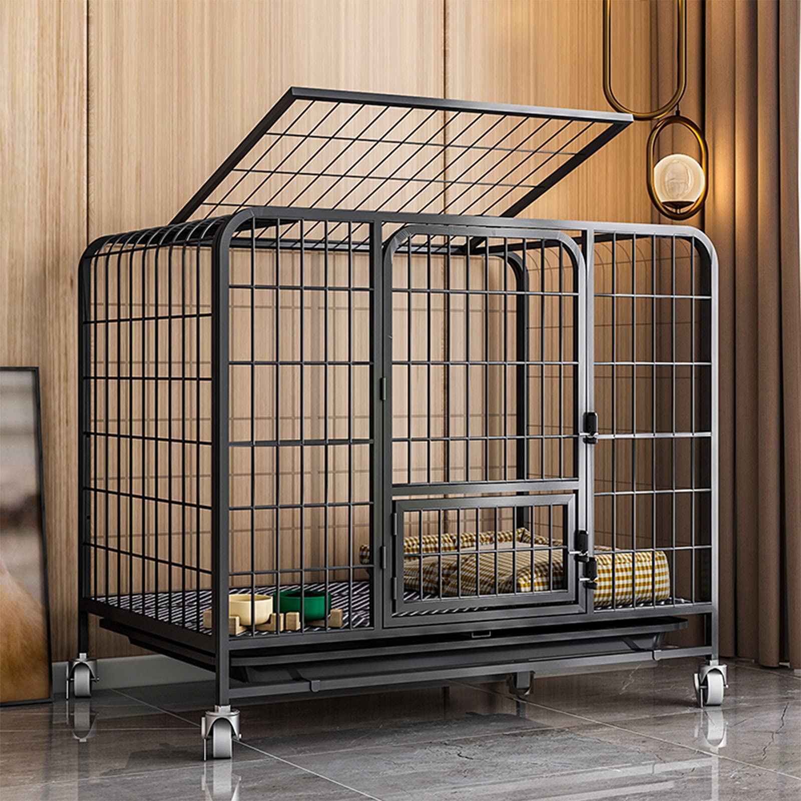 Heavy Duty Large Dog Crate - 48 Inch Metal Dog Kennel with Wheels & Removable Tray - White Pet Cage for Extra Large Dogs - Perfect for Home, Travel & Vet Visits