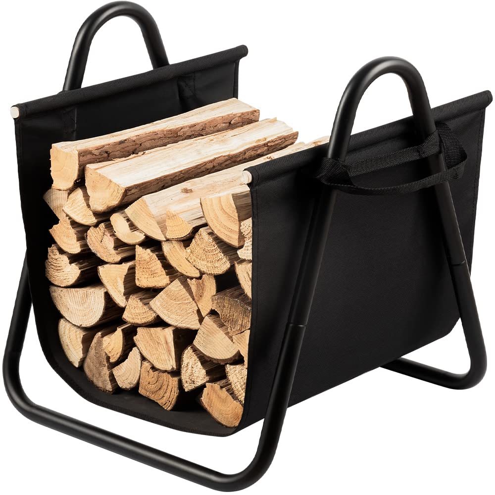 AMAGABELI Heavy Duty Firewood Rack with Handles - Indoor/Outdoor Metal Log Holder Basket for Fireplace, Kindling & Wood Storage - Perfect for Living Room, Patio, Camping & Home Decor (Black)
