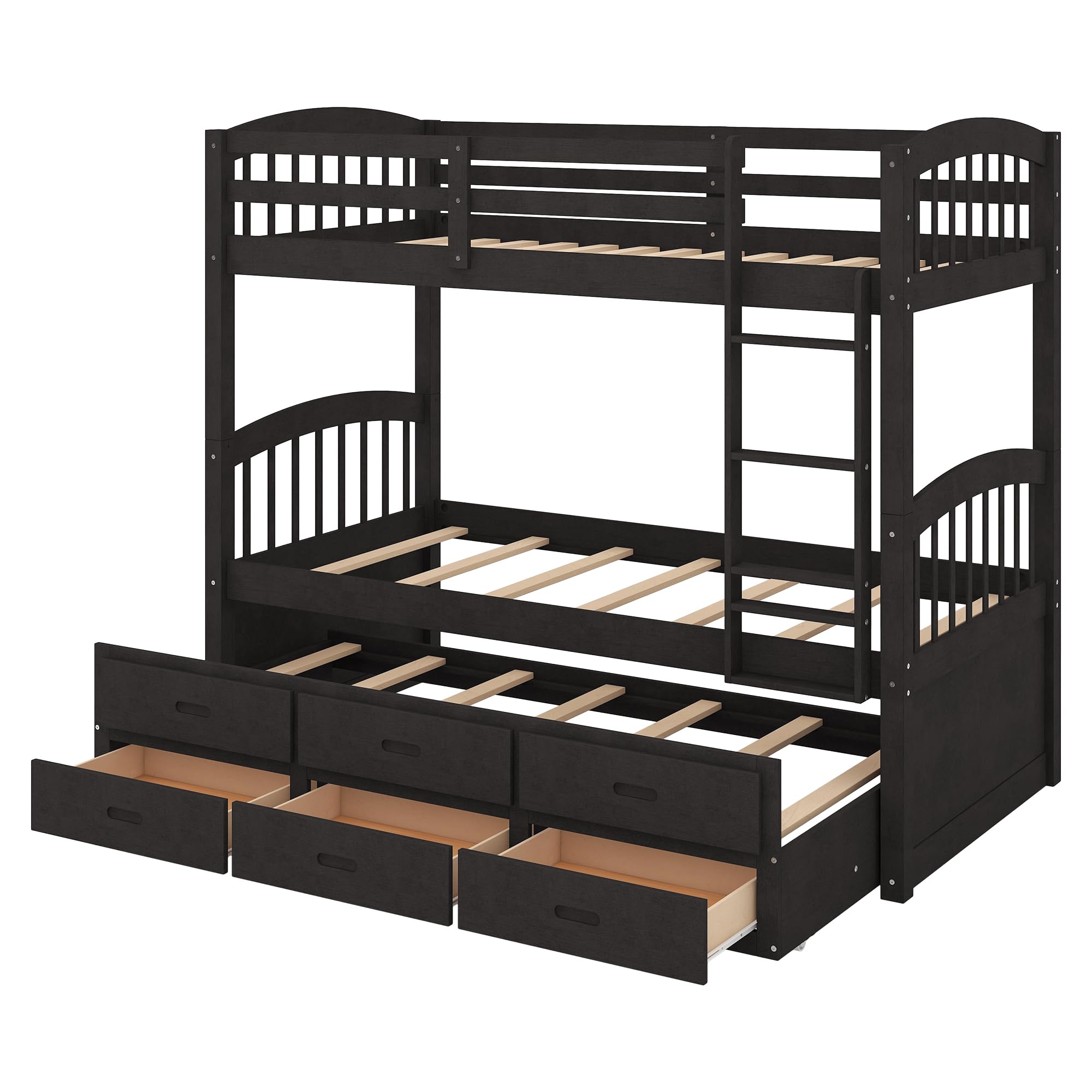 P PURLOVE Twin Over Twin Wood Bunk Bed Frame with Trundle & 3 Drawers - Sturdy Espresso Bunk Beds for Kids, Teens, Boys & Girls - Perfect for Small Bedrooms, Guest Rooms & Vacation Homes