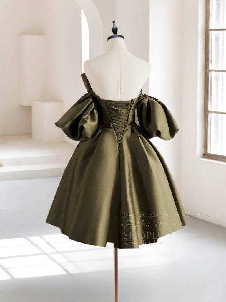 Elegant Olive Green A-Line Puff Sleeve Satin Short Prom Dress | Homecoming Party Gown | Perfect for Formal Dances, Graduation & Special Occasions